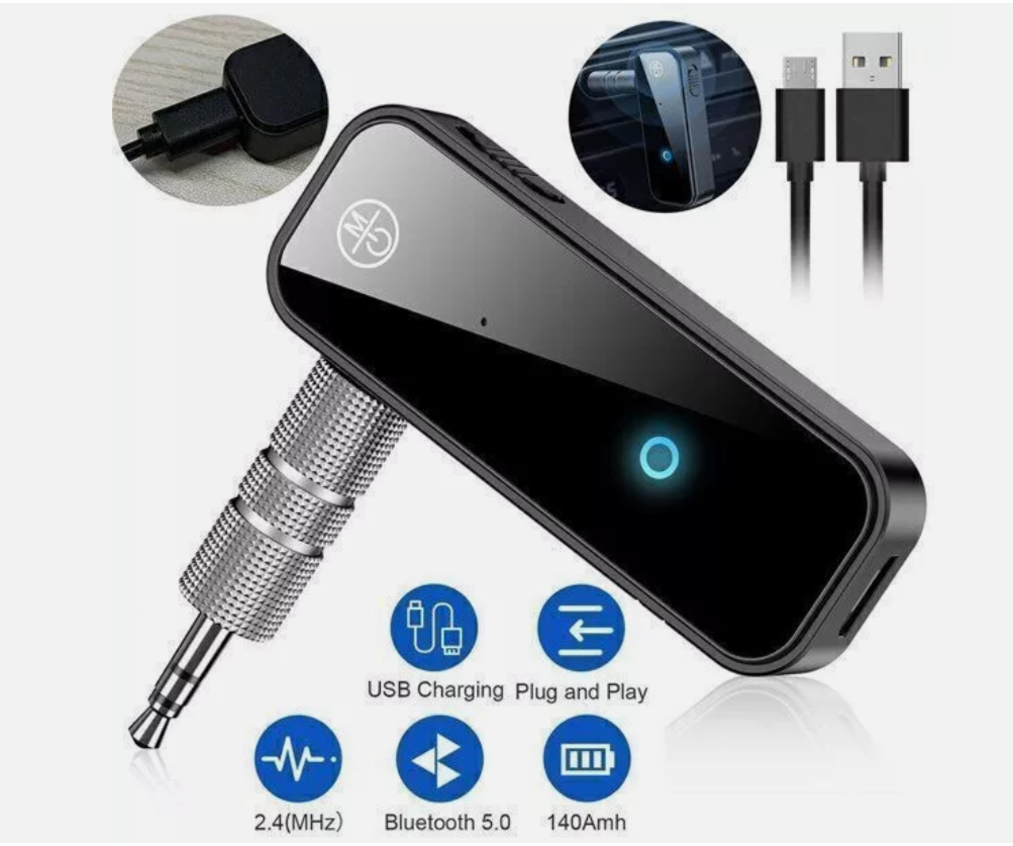 Schwarzer Bluetooth-Audio-Empfänger mit AUX-Stecker und USB-Kabel.