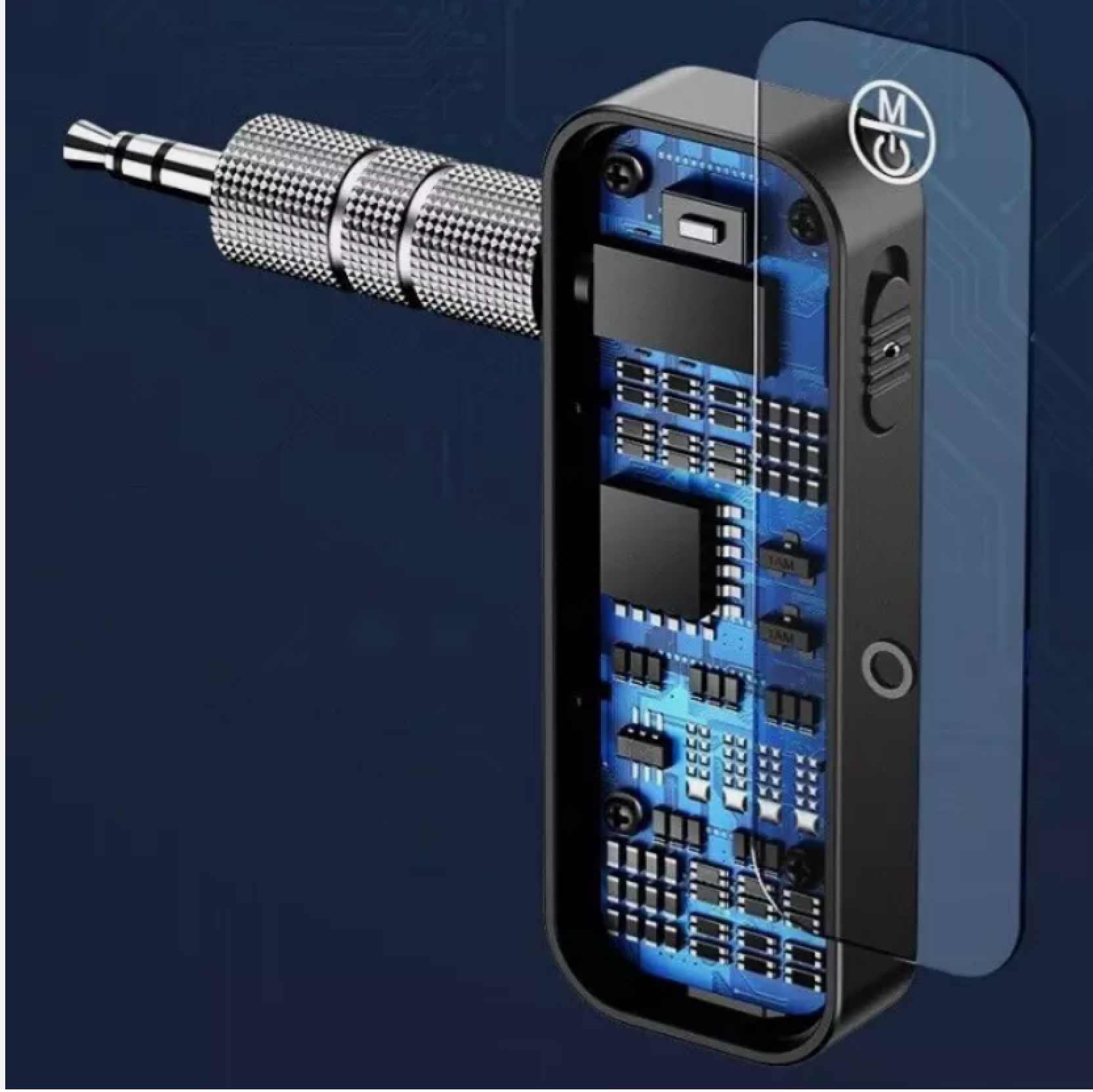 Ein schwarzer Bluetooth-Empfänger mit einem 3,5-mm-Klinkenstecker und sichtbarer blauer Platine.
