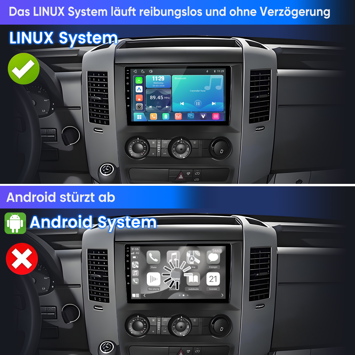 Vergleich zweier Auto-Displays: Linux läuft reibungslos, Android stürzt ab.