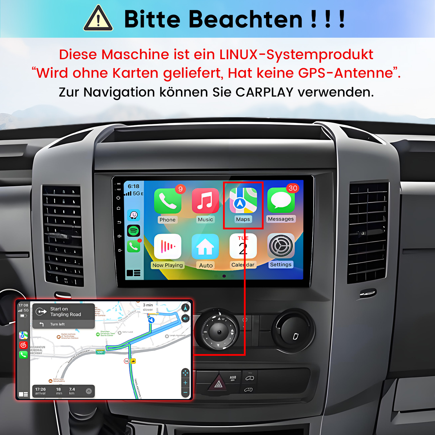 Ein Carplay-Bildschirm in einem Auto zeigt App-Symbole und eine Warnung über fehlendes GPS.