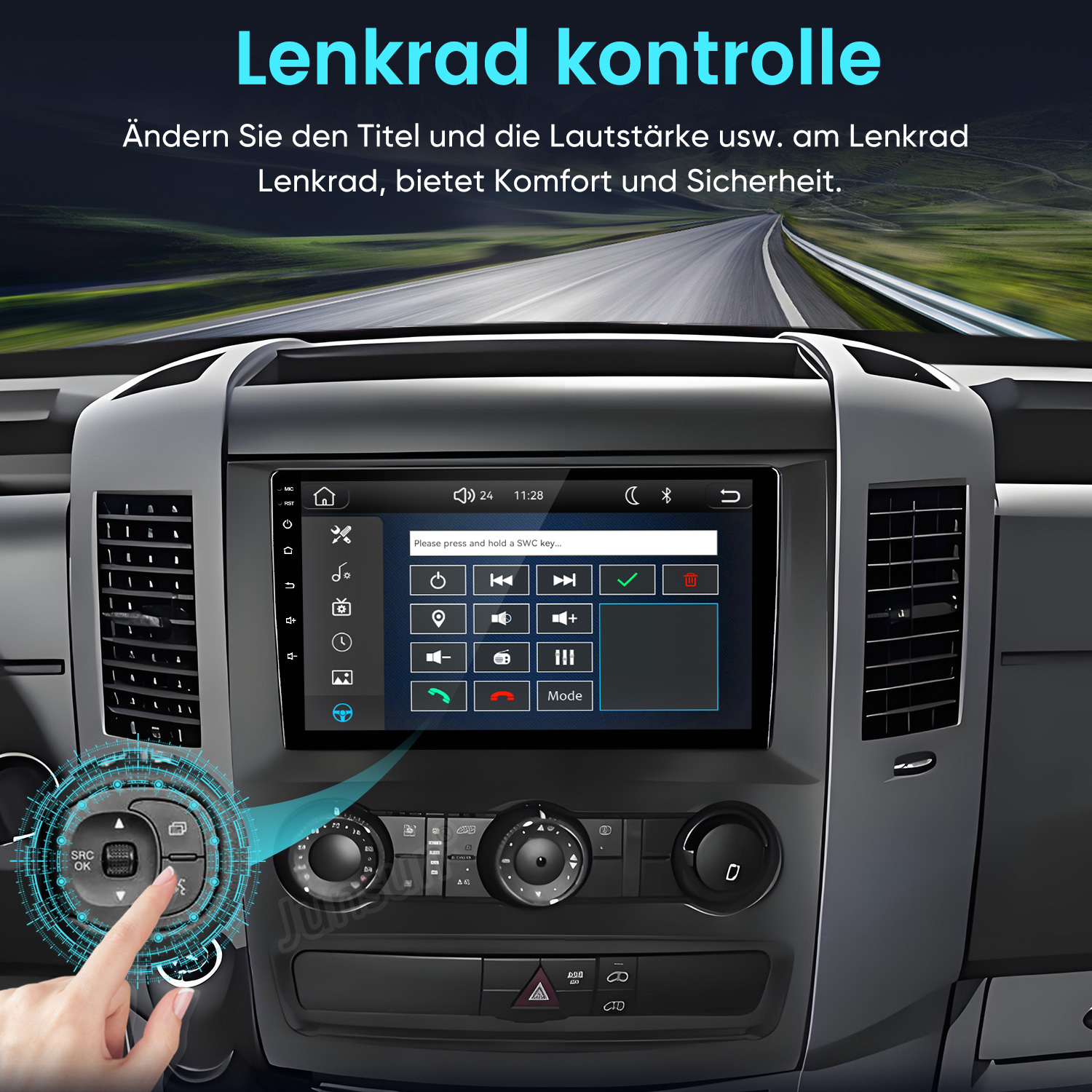 Autoinnenraum mit Dashboard-Bildschirm, Lenkradbedienelementen und Straßensicht durch die Windschutzscheibe.