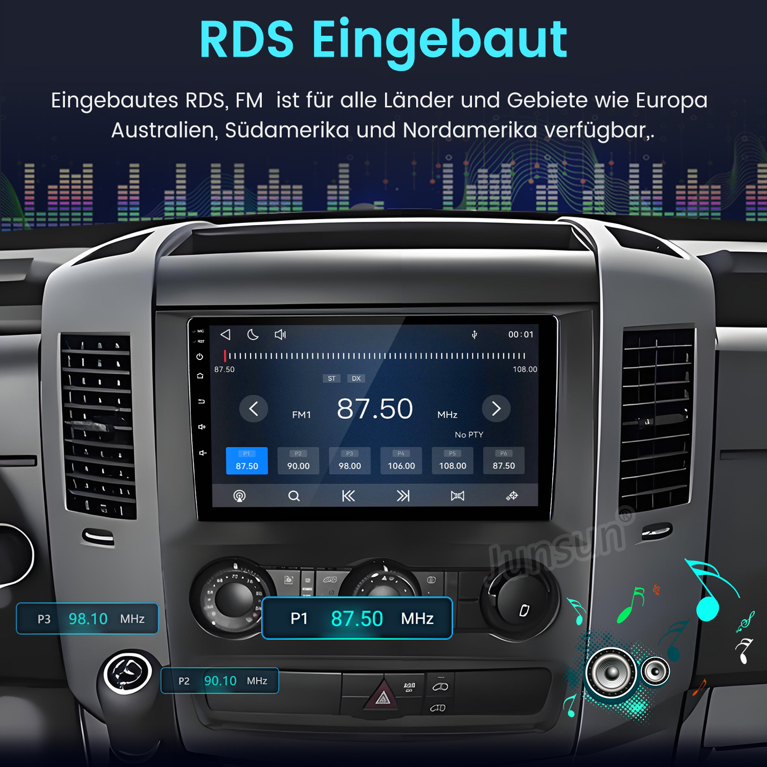 Autoradio mit Touchscreen und FM-Radio-Anzeige im Armaturenbrett eines Autos.