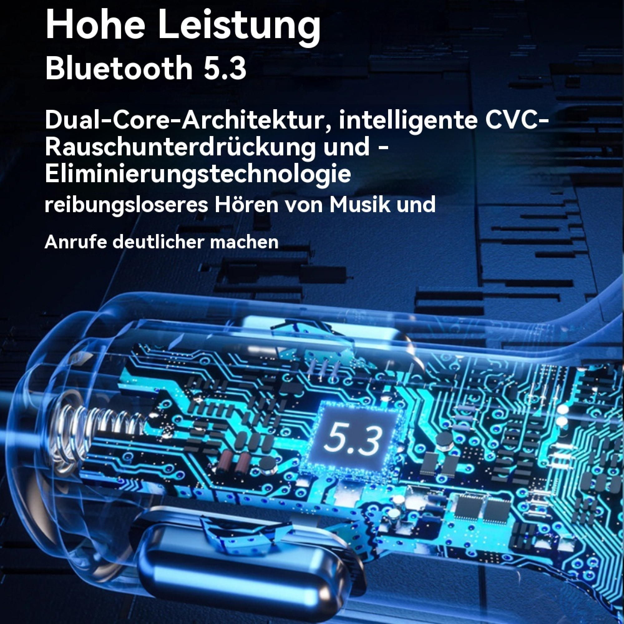 Transparenter Stecker mit blauer Platine und der Aufschrift 5.3 vor dunklem Hintergrund.