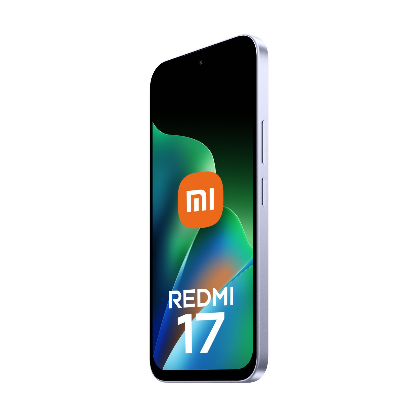 Un smartphone Xiaomi Redmi 17 plateado se encuentra vertical sobre fondo blanco con una pantalla colorida.