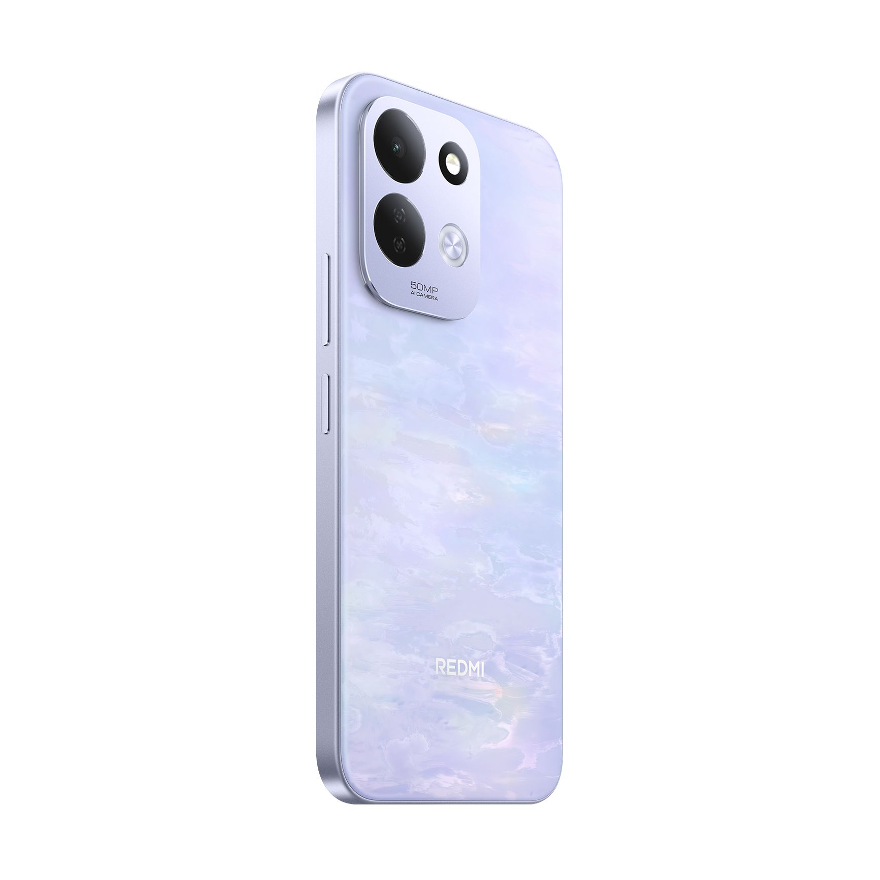 Un smartphone Redmi de color morado claro muestra el panel trasero, el módulo de triple cámara y los botones laterales.