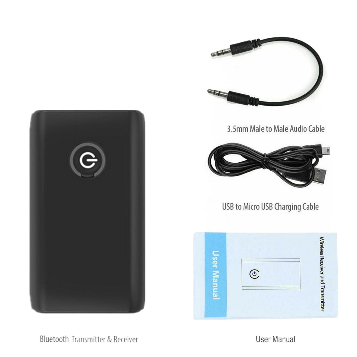 Bluetooth-Sender und -Empfänger mit 3,5-mm-Kabel, USB-Kabel und Handbuch.
