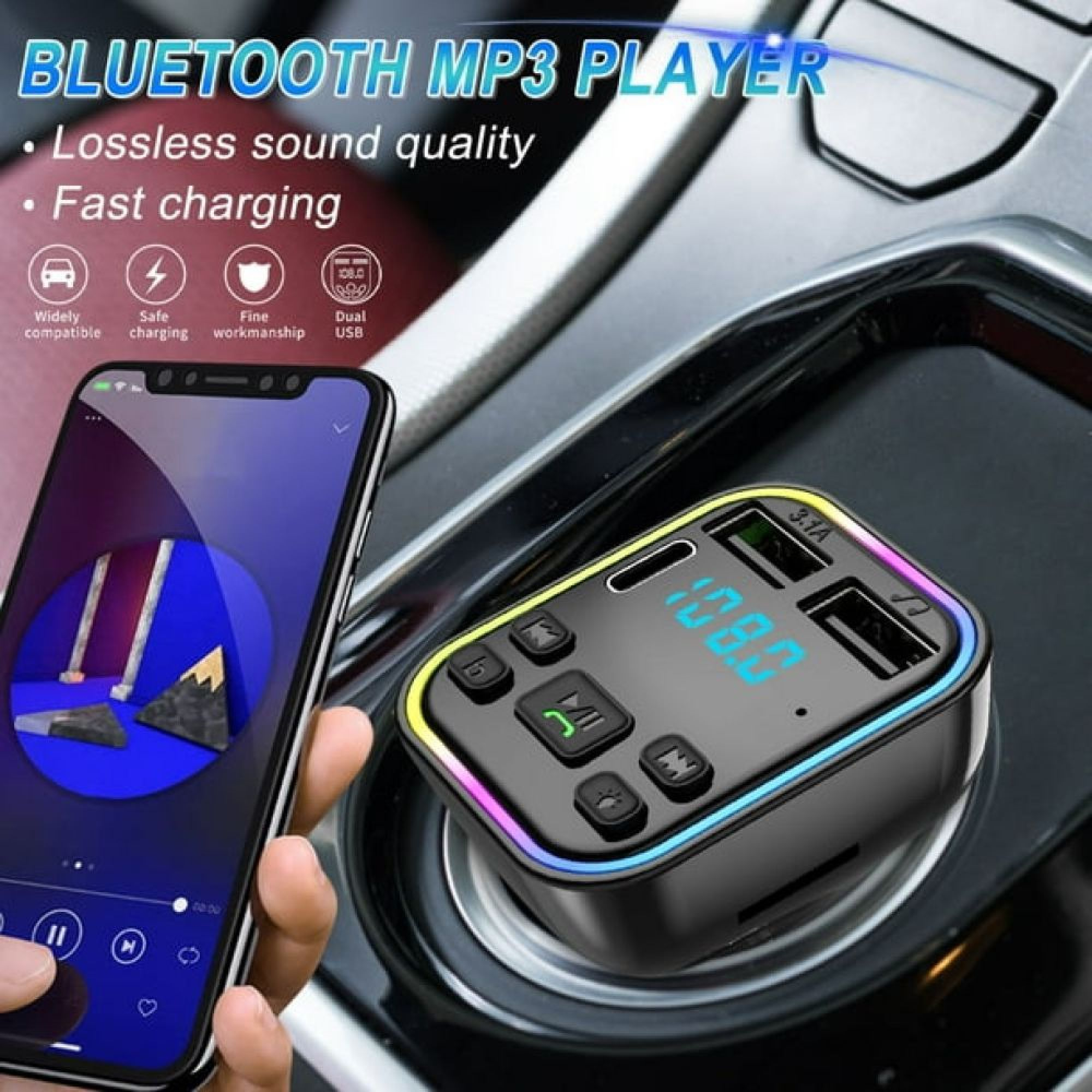 Bluetooth-MP3-Player in einem Auto, verbunden mit einem Smartphone und USB-Anschlüssen.