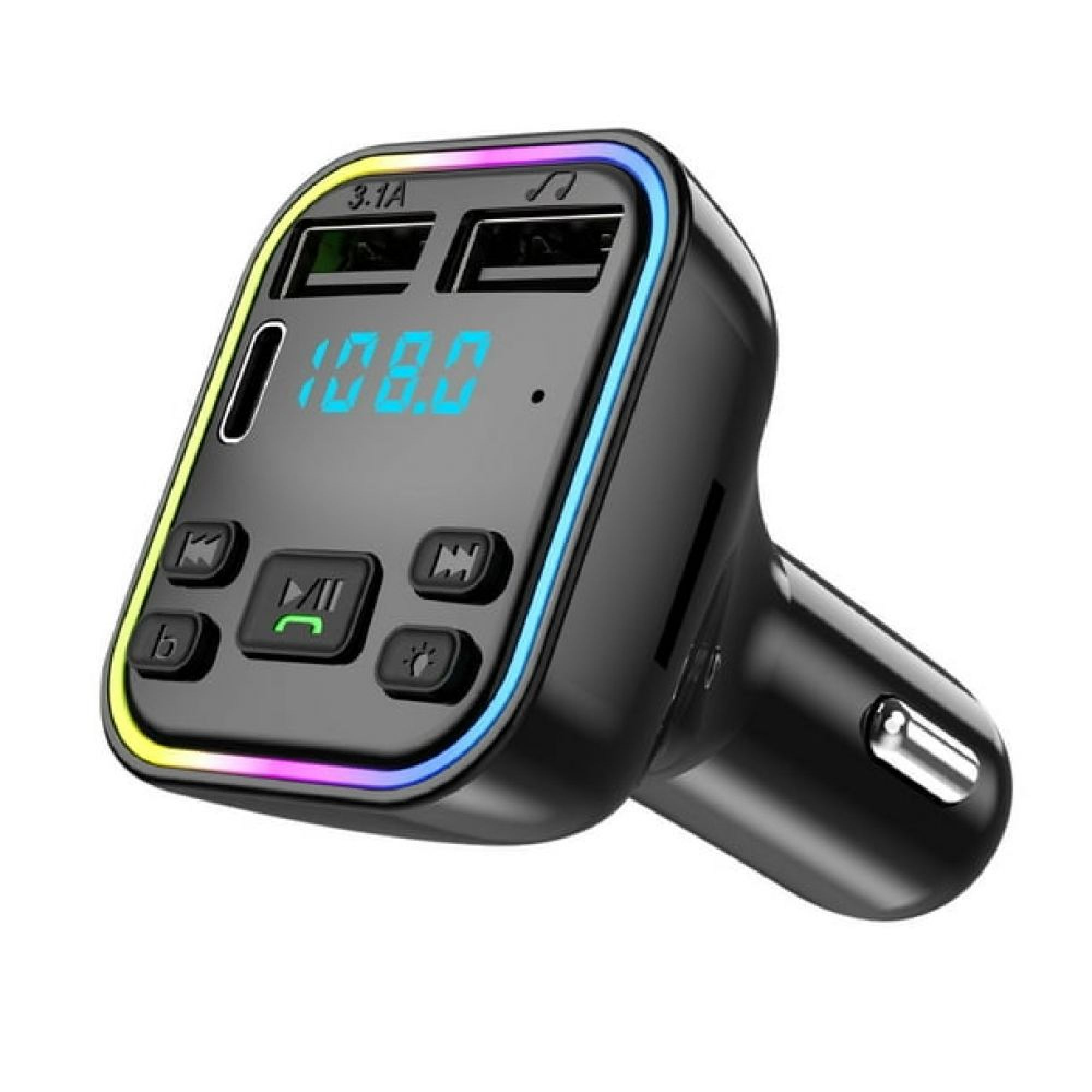 Schwarzer Auto-FM-Transmitter mit zwei USB-Anschlüssen, digitalem LED-Display und bunten LED-Ländern.
