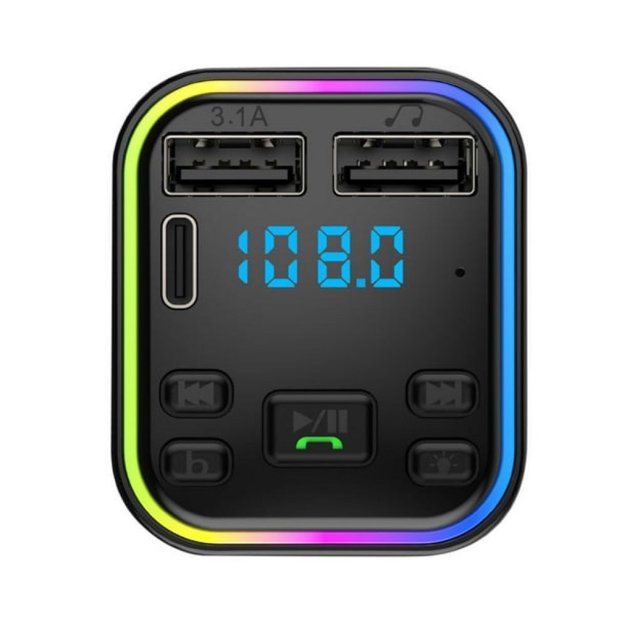 Schwarzer Auto-Bluetooth-FM-Transmitter mit Display, zwei USB-Anschlüssen, Tasten und bunten LED-Ländern.