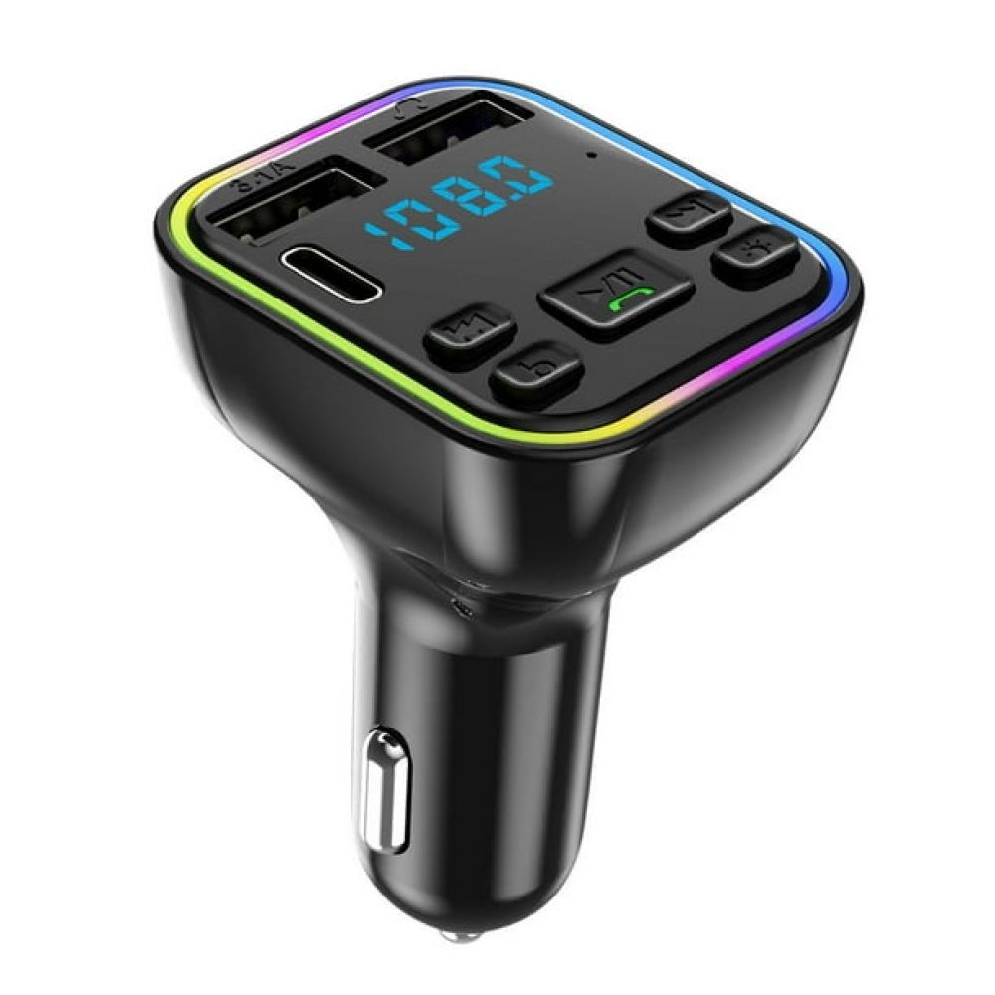 Ein schwarzes Kfz-Ladegerät mit USB-Anschlüssen, digitaler LED-Anzeige und farbiger LED-Beleuchtung.