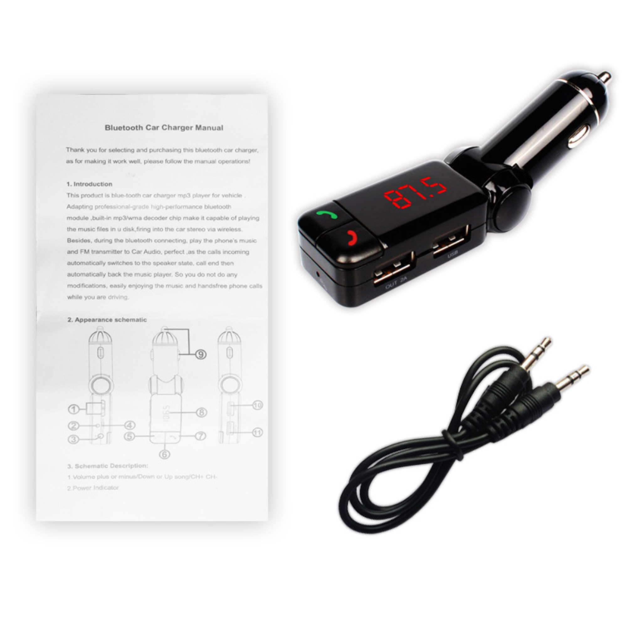 Ein schwarzes Bluetooth-Autoladegerät, eine Anleitung und ein Aux-Kabel auf weißem Hintergrund.