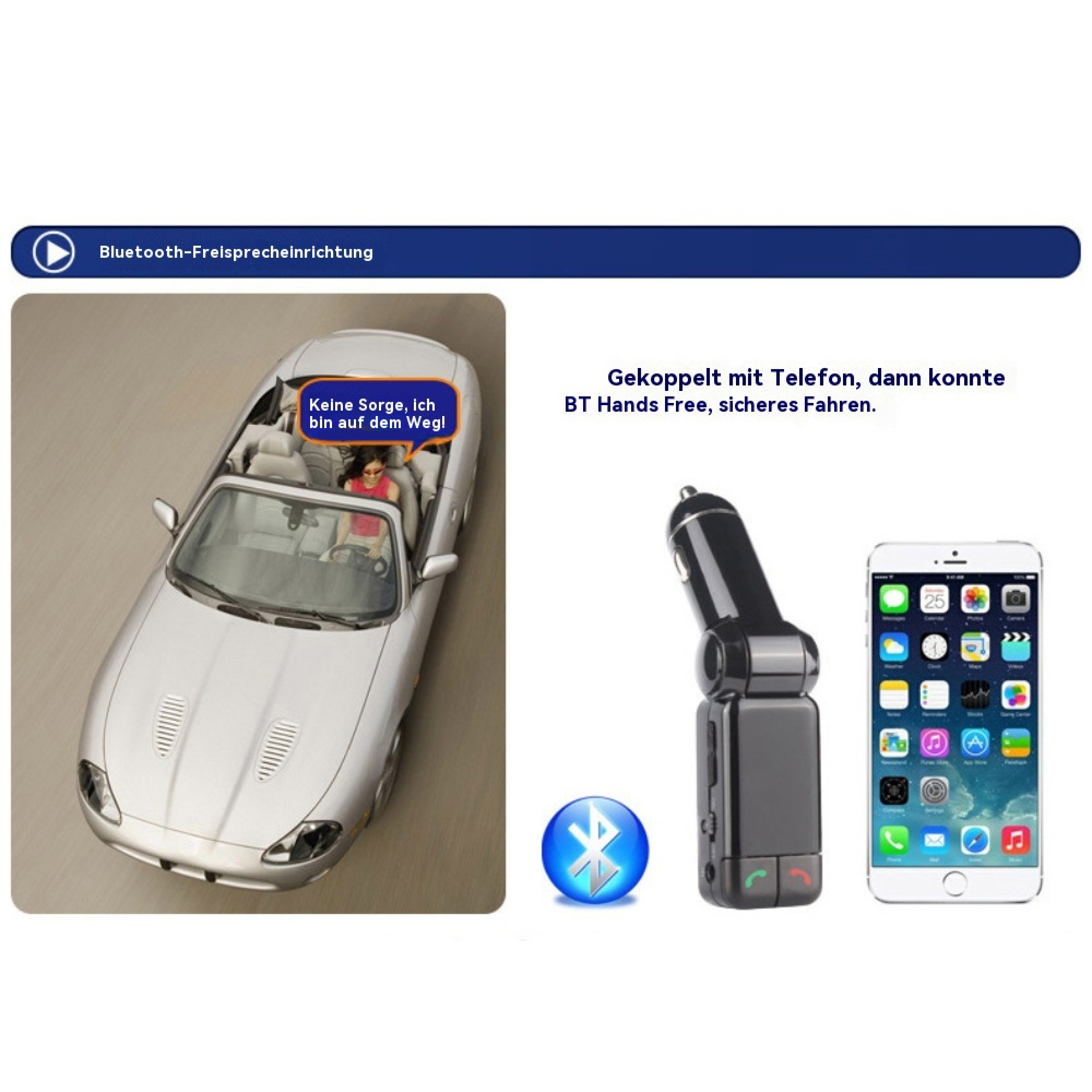 Bluetooth-Freisprecheinrichtung mit Auto, Bluetooth-Adapter und Smartphone.
