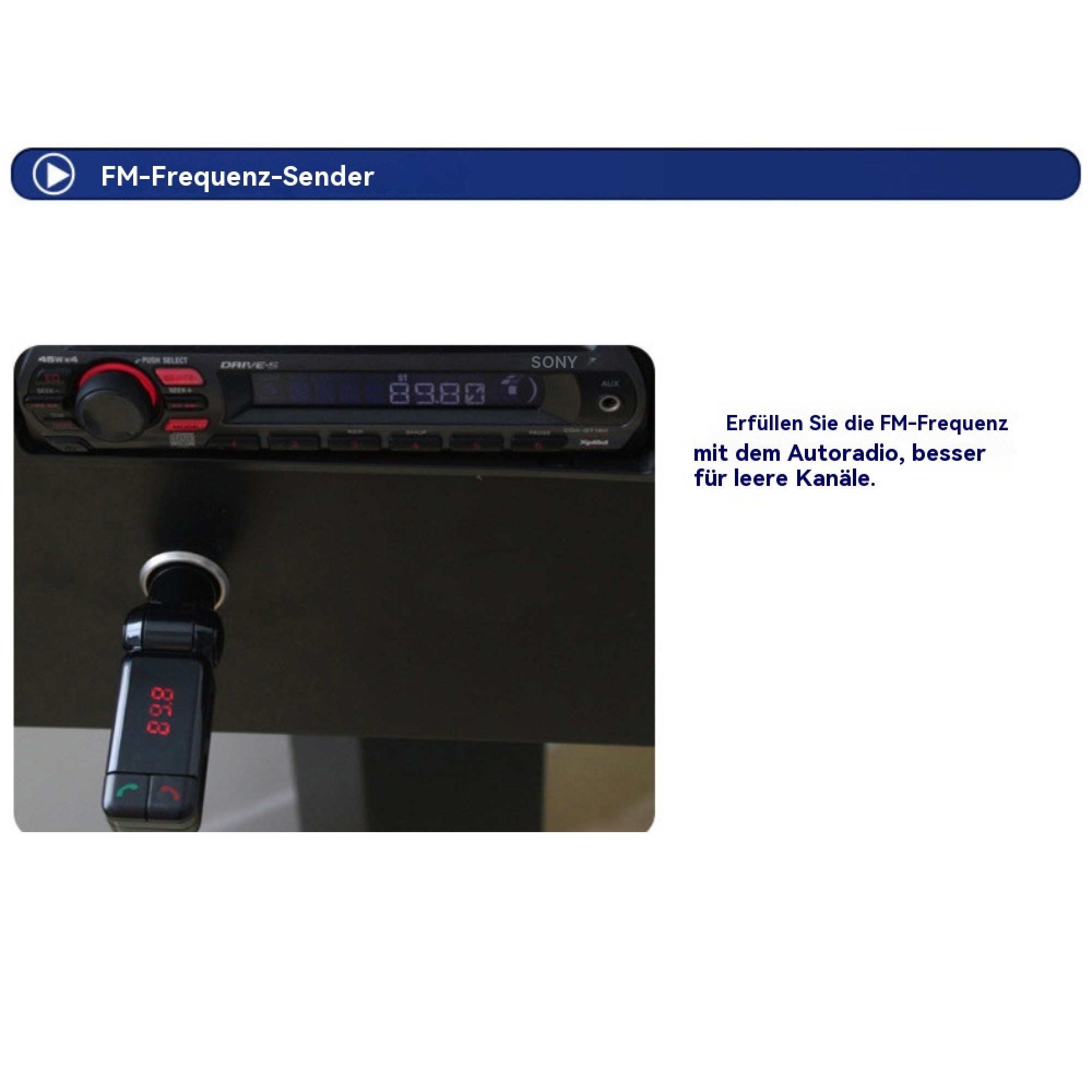 FM-Frequenz-Sender mit Autoradio und einem FM-Transmitter im Zigarettenanzünder.