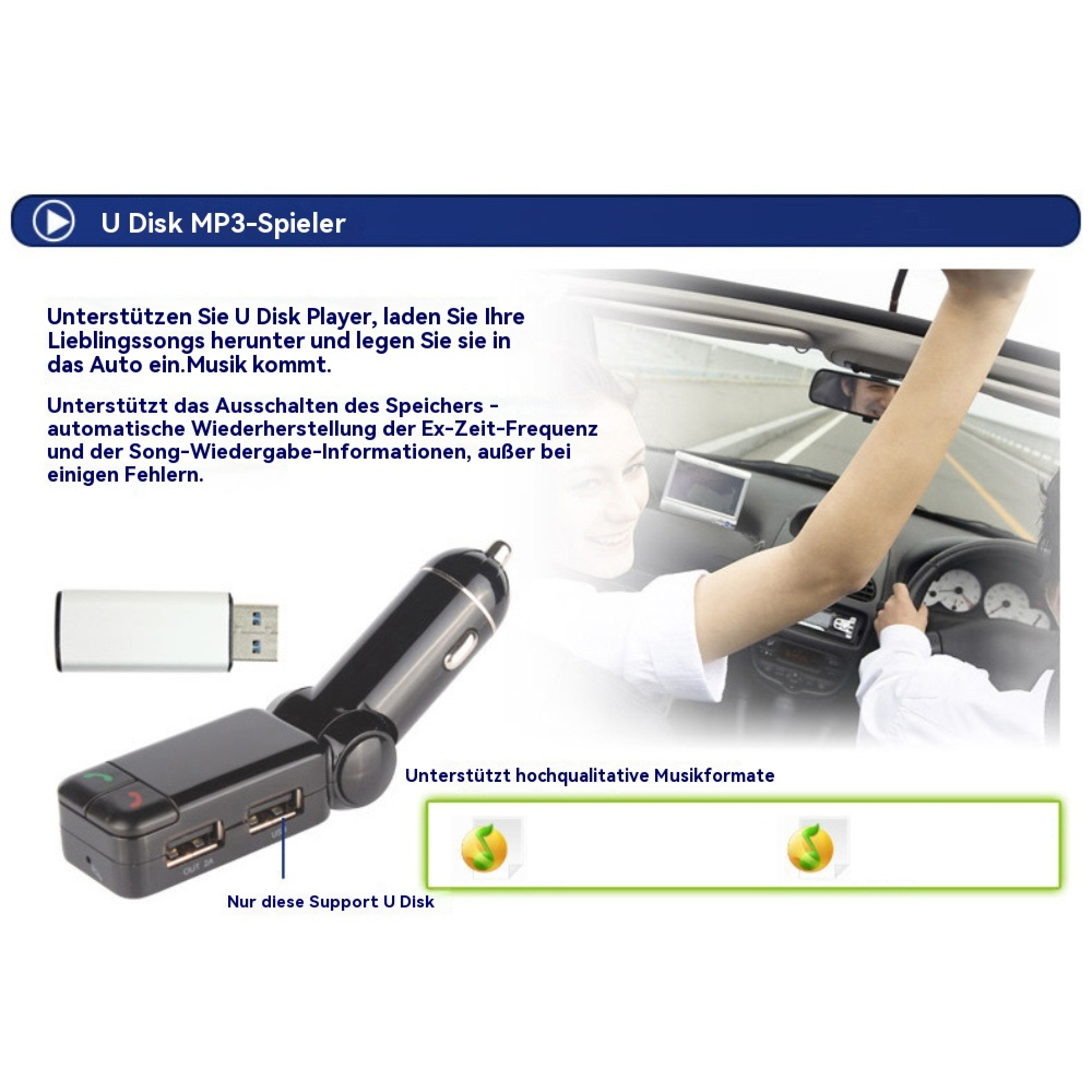 Ein Car-MP3-Player-Gerät mit USB-Anschluss und Text in deutscher Sprache, im Hintergrund eine Person im Auto.