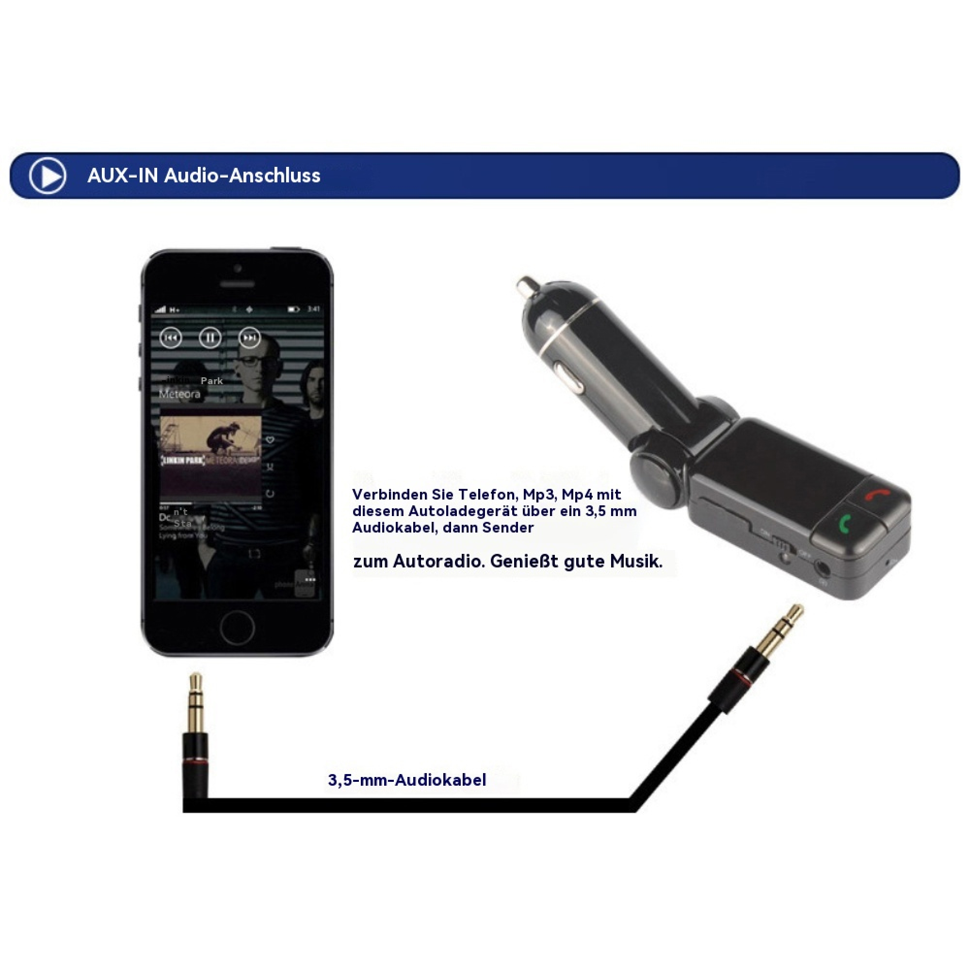 Diagramm zeigt ein Smartphone verbunden mit Autoladegerät und FM-Transmitter über ein 3,5-mm-Audiokabel.