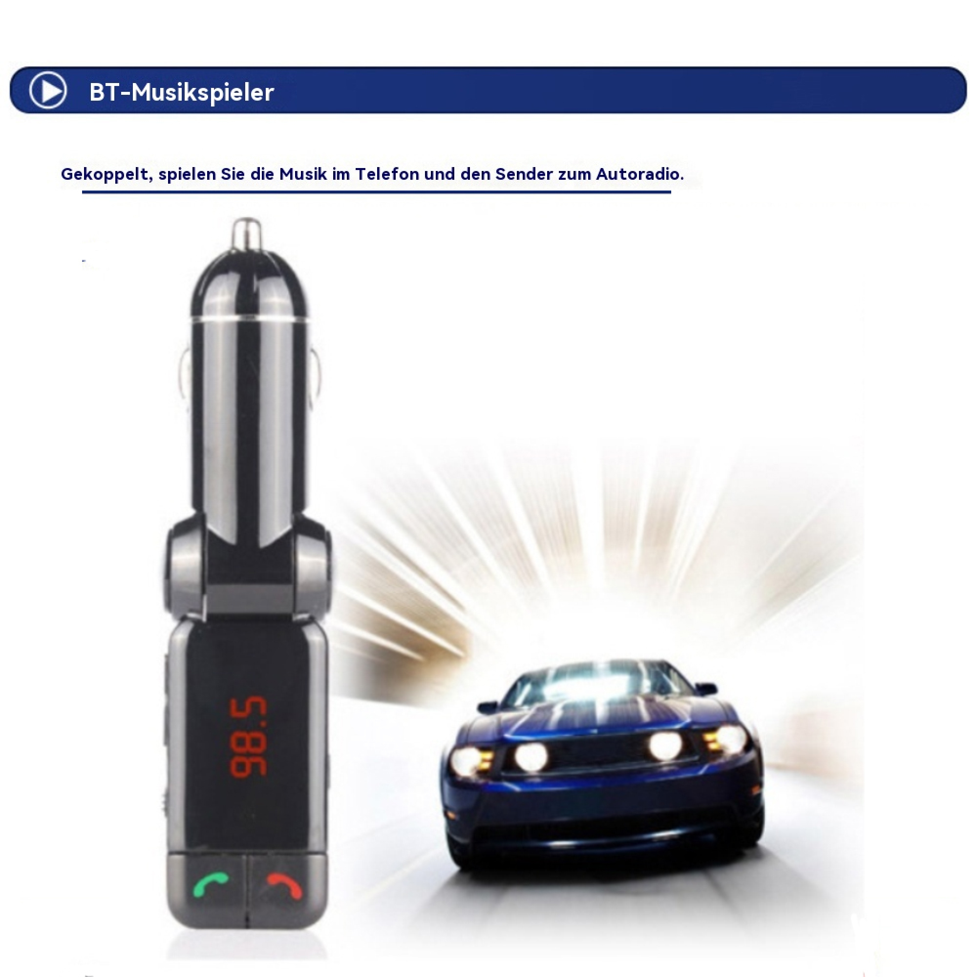 Ein schwarzer Bluetooth-FM-Transmitter für Autos mit rotem LED-Display steht neben einem fahrenden blauen Auto.