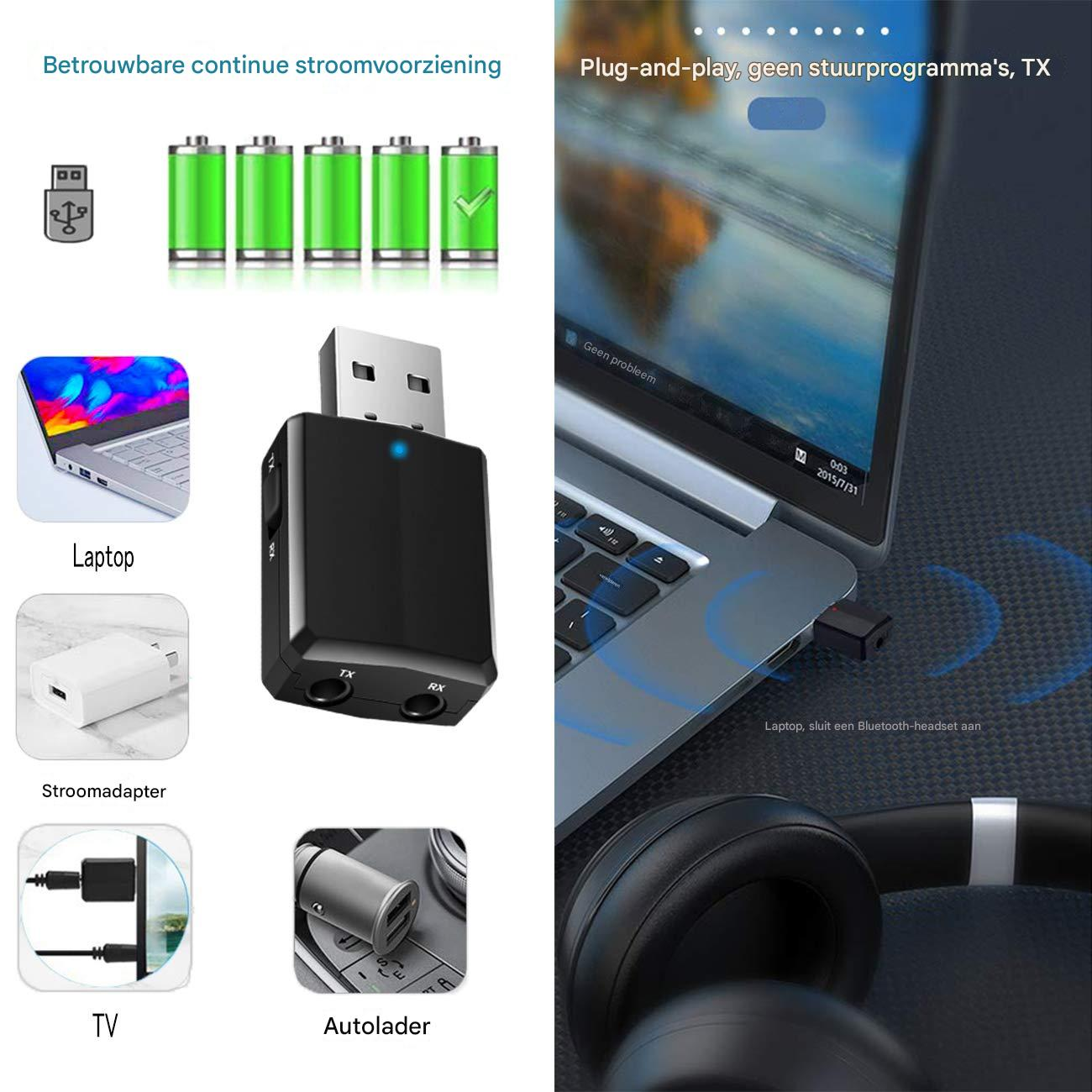 Ein schwarzer Bluetooth-Sender ist an einen Laptop angeschlossen, daneben Symbole für verschiedene Geräte und Batterien.