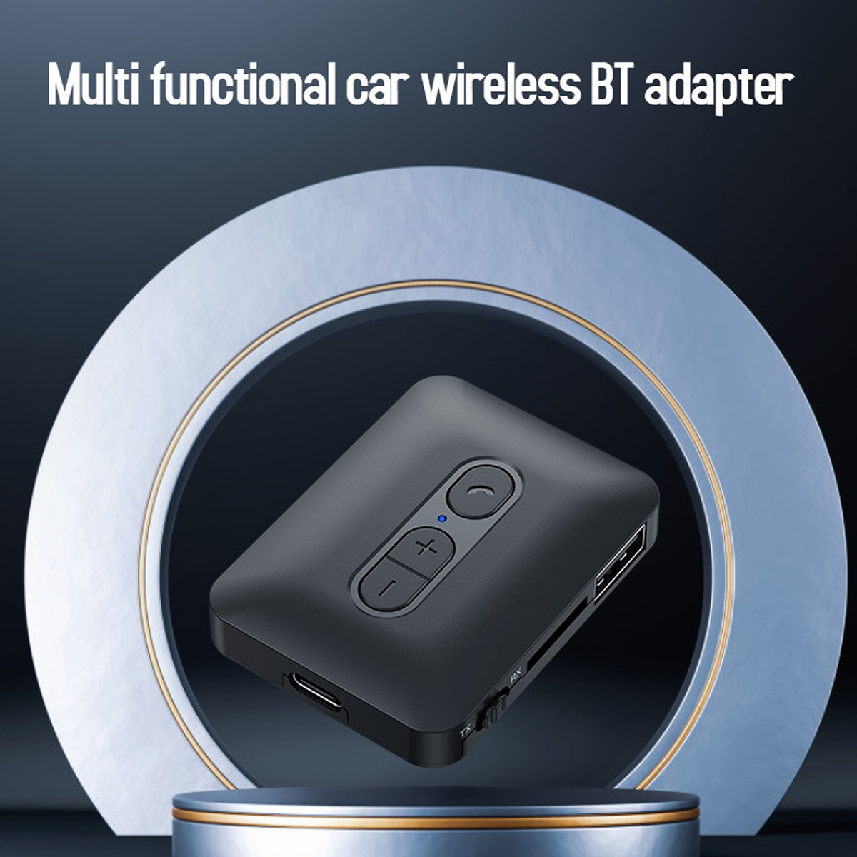 Ein schwarzer kabelloser Bluetooth-Car-Adapter steht auf einem Podest vor einer großen kreisrunden Kulisse.