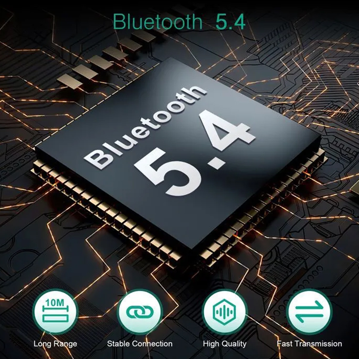 Ein Bluetooth 5.4 Chip auf einer Platine mit Icons für Reichweite, Verbindung, Qualität und Übertragung.