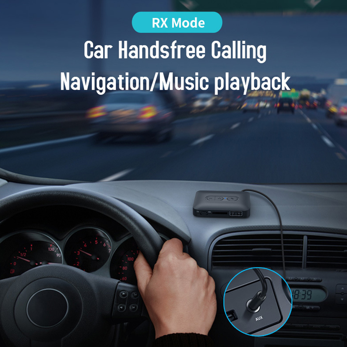 Ein Bluetooth-Empfänger im Auto, verbunden mit dem AUX-Anschluss, zeigt freihändige Anrufe und Musiksteuerung.