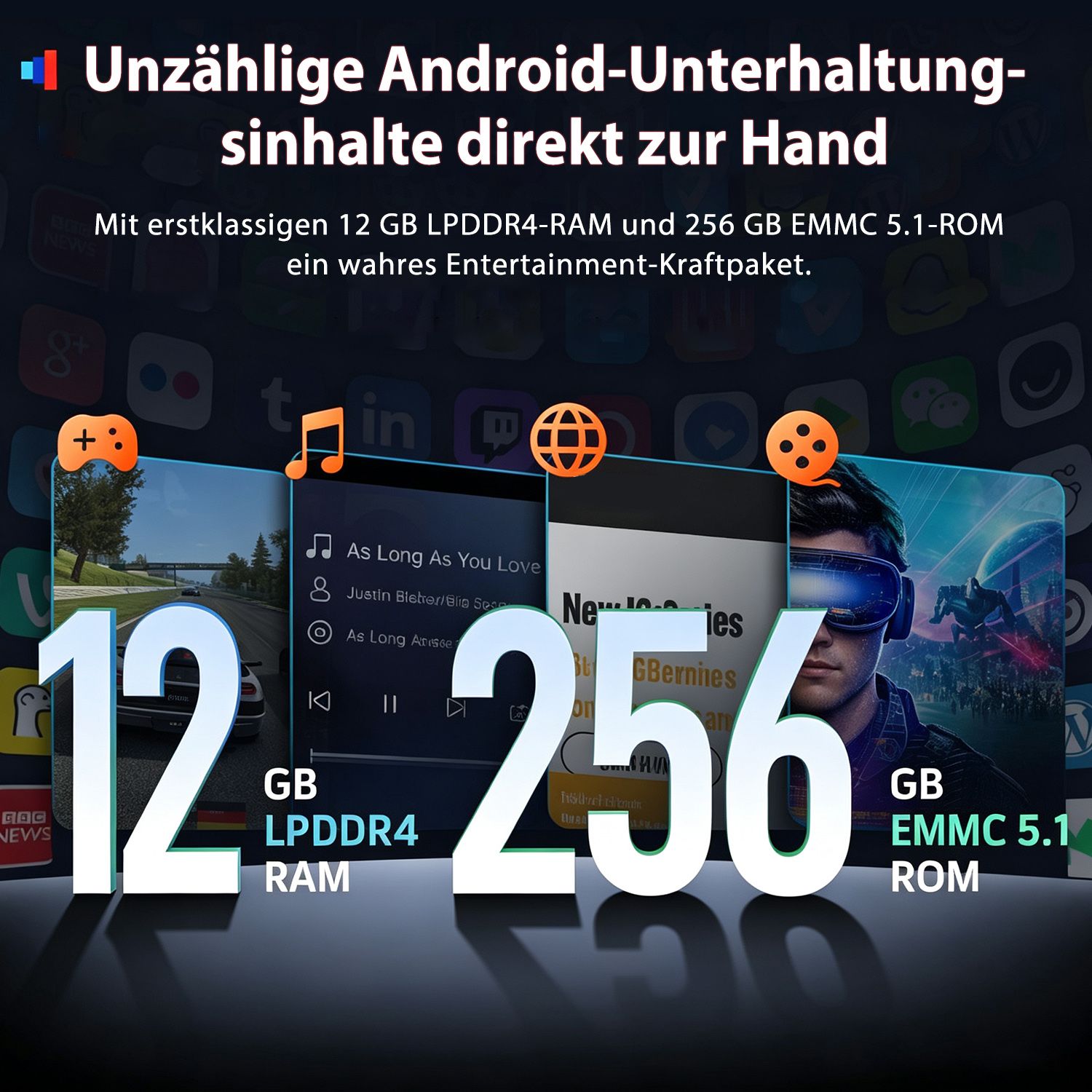 Werbebild mit 12 GB LPDDR4-RAM und 256 GB EMMC 5.1-ROM für Android-Unterhaltung.
