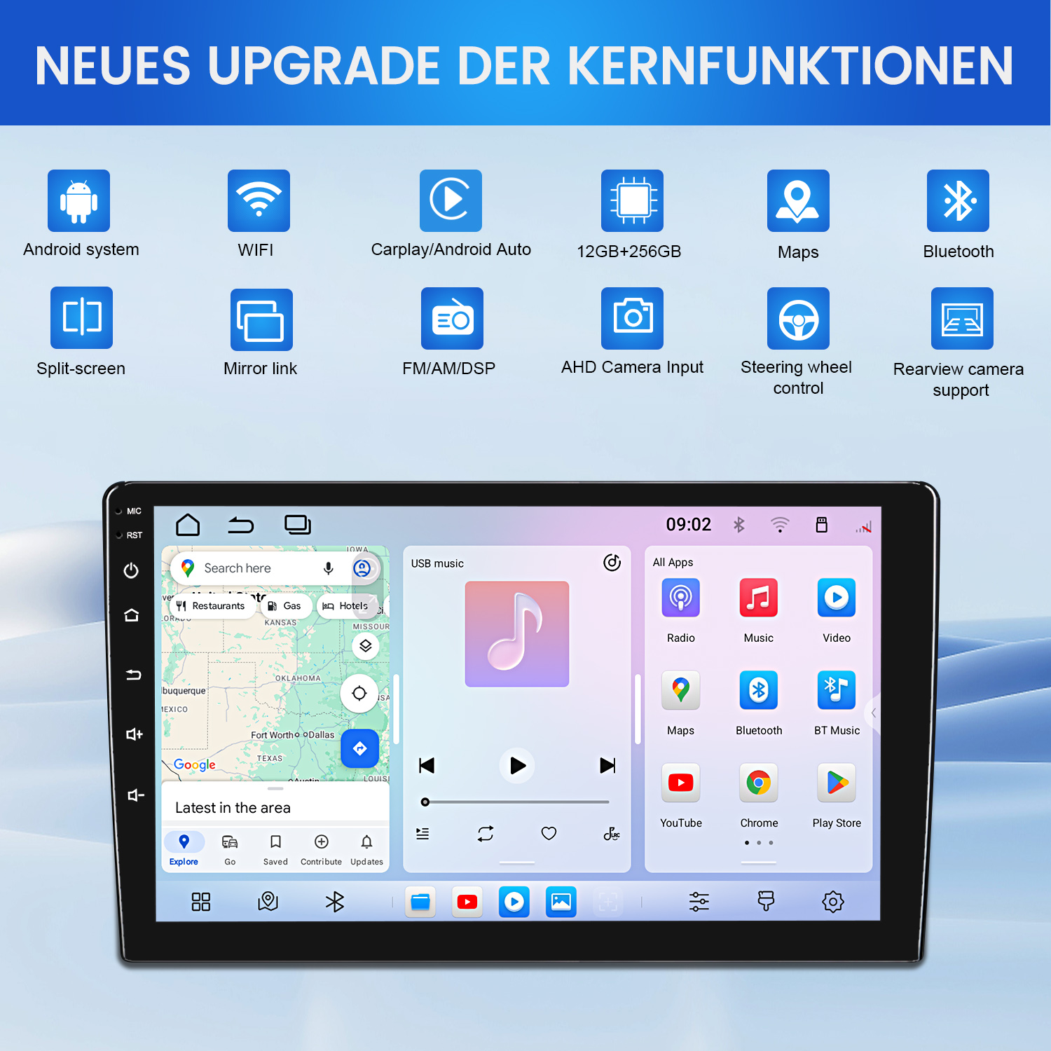 Autodisplay mit Karten, Musikplayer und App-Icons oben sowie blauen Funktionssymbolen.