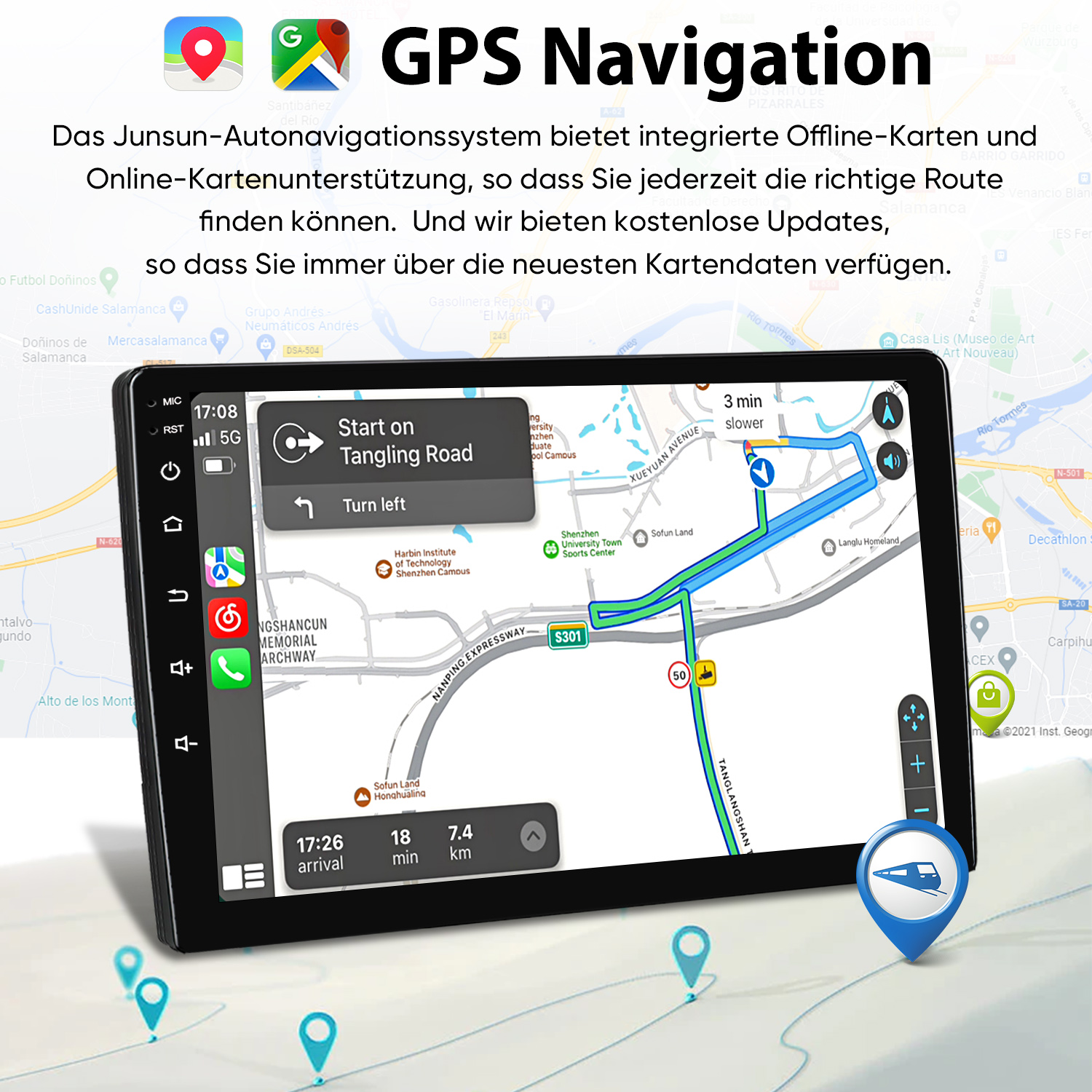 Ein GPS-Navigationssystem mit einer Straßenkarte auf dem Bildschirm und deutscher Beschreibung.
