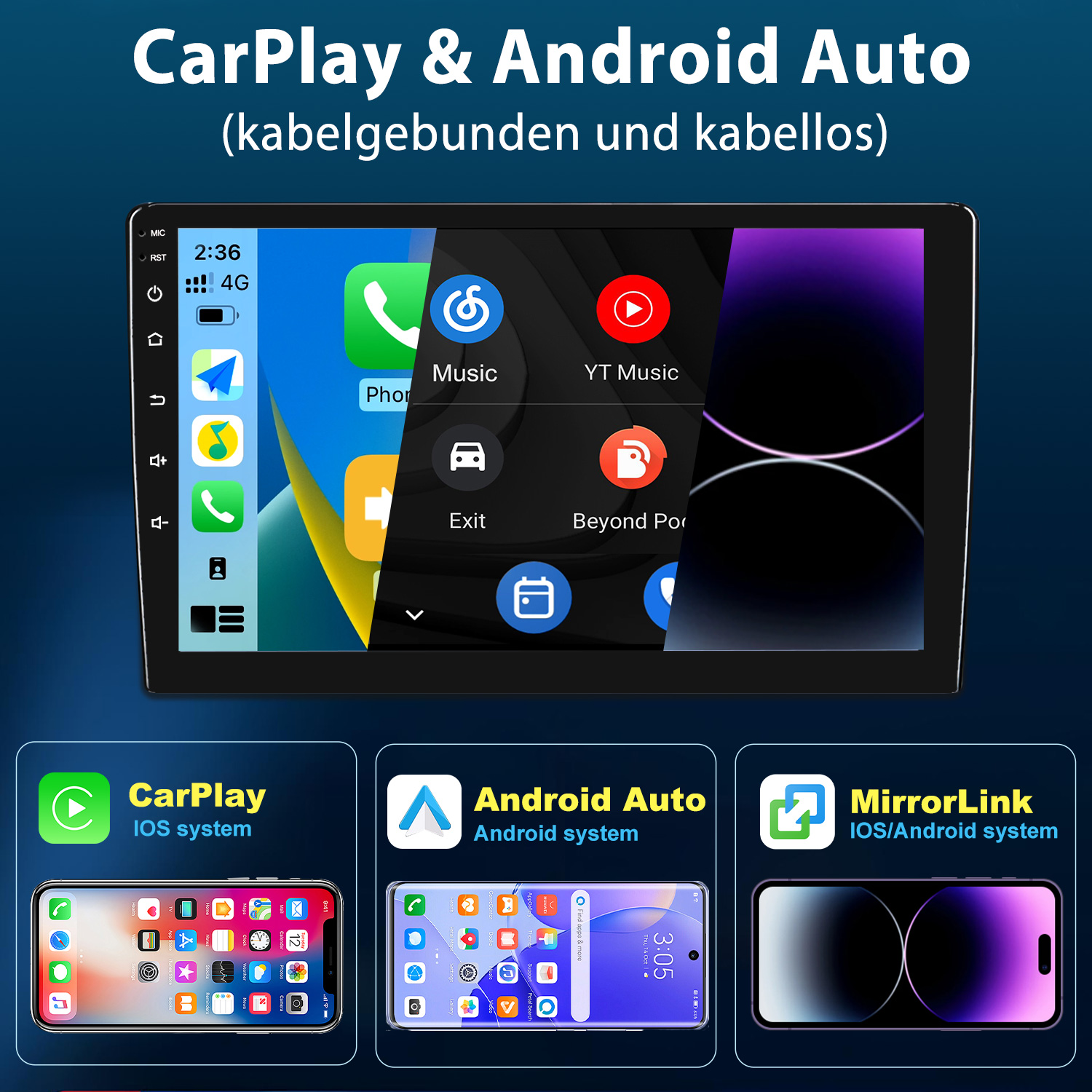 Autodisplay mit CarPlay und Android Auto Kompatibilität für iOS und Android.