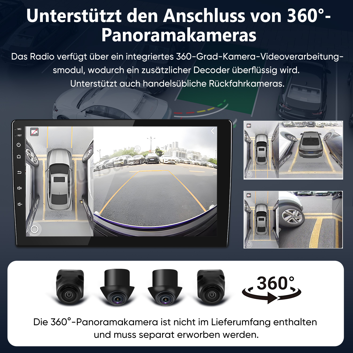 Auto-Radio-Display mit 360-Grad-Kamera-Ansicht, Parkhilfen-Grafik und vier kleinen Kameras unten.