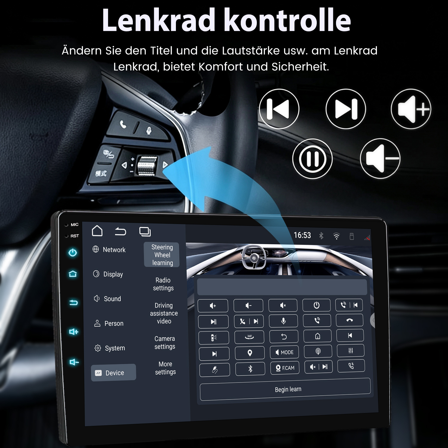 Autodisplay zeigt Lenkradsteuerungseinstellungen mit verschiedenen Tasten und Symbolen.