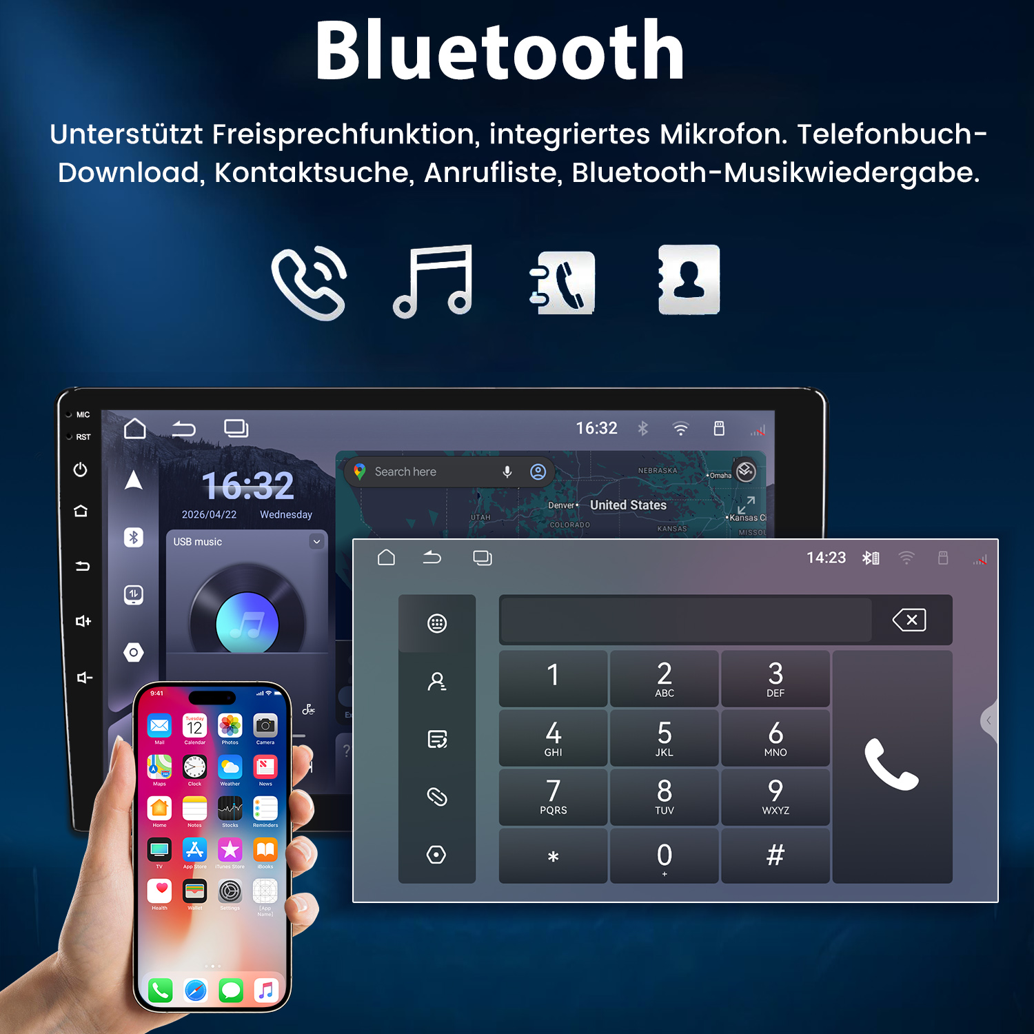 Bluetooth-Funktionen des Autoradios mit Telefonie, Musik und Navigation sowie Handydarstellung.