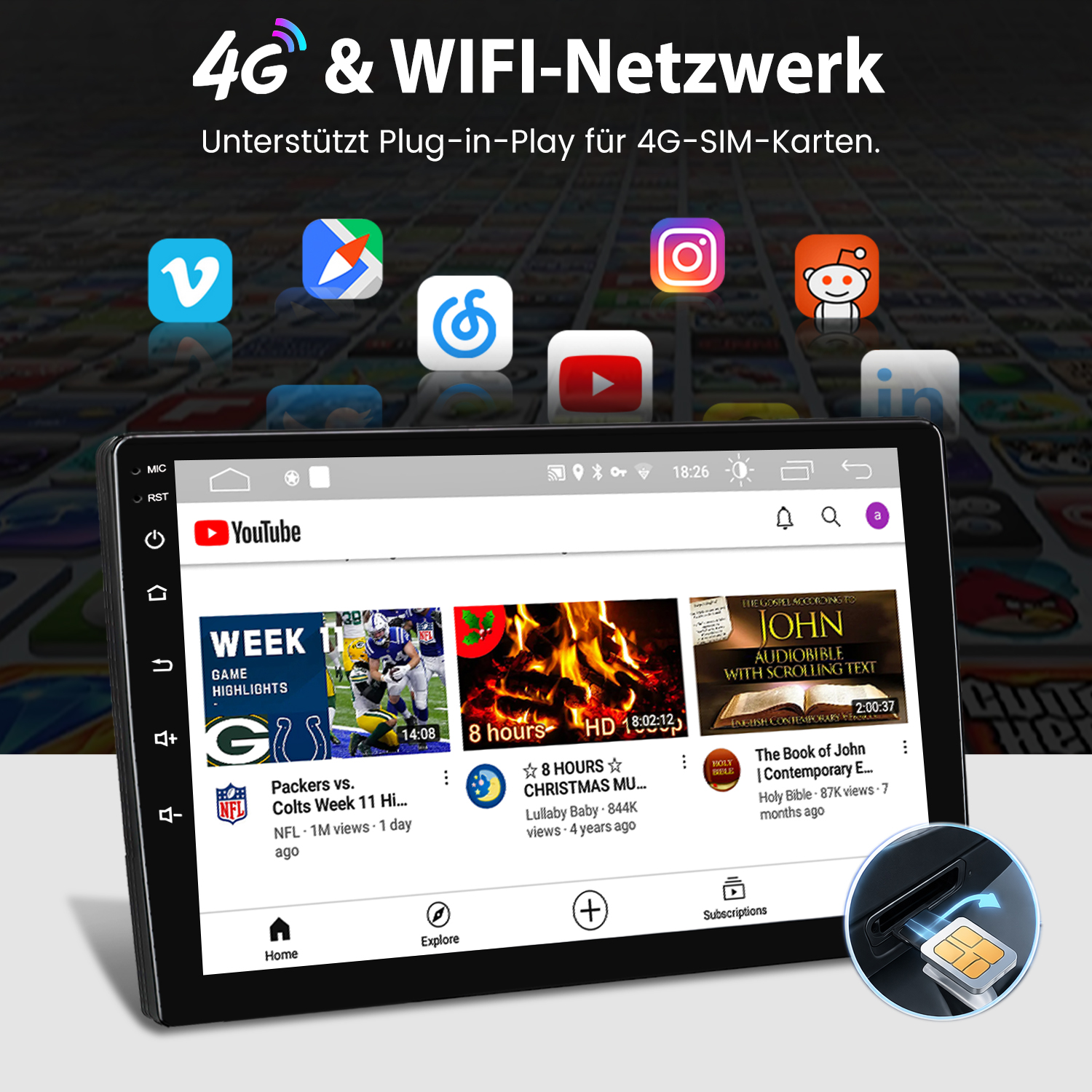 Ein Autoradio zeigt YouTube, umgeben von schwebenden App-Symbolen und einem SIM-Karten-Einschub.