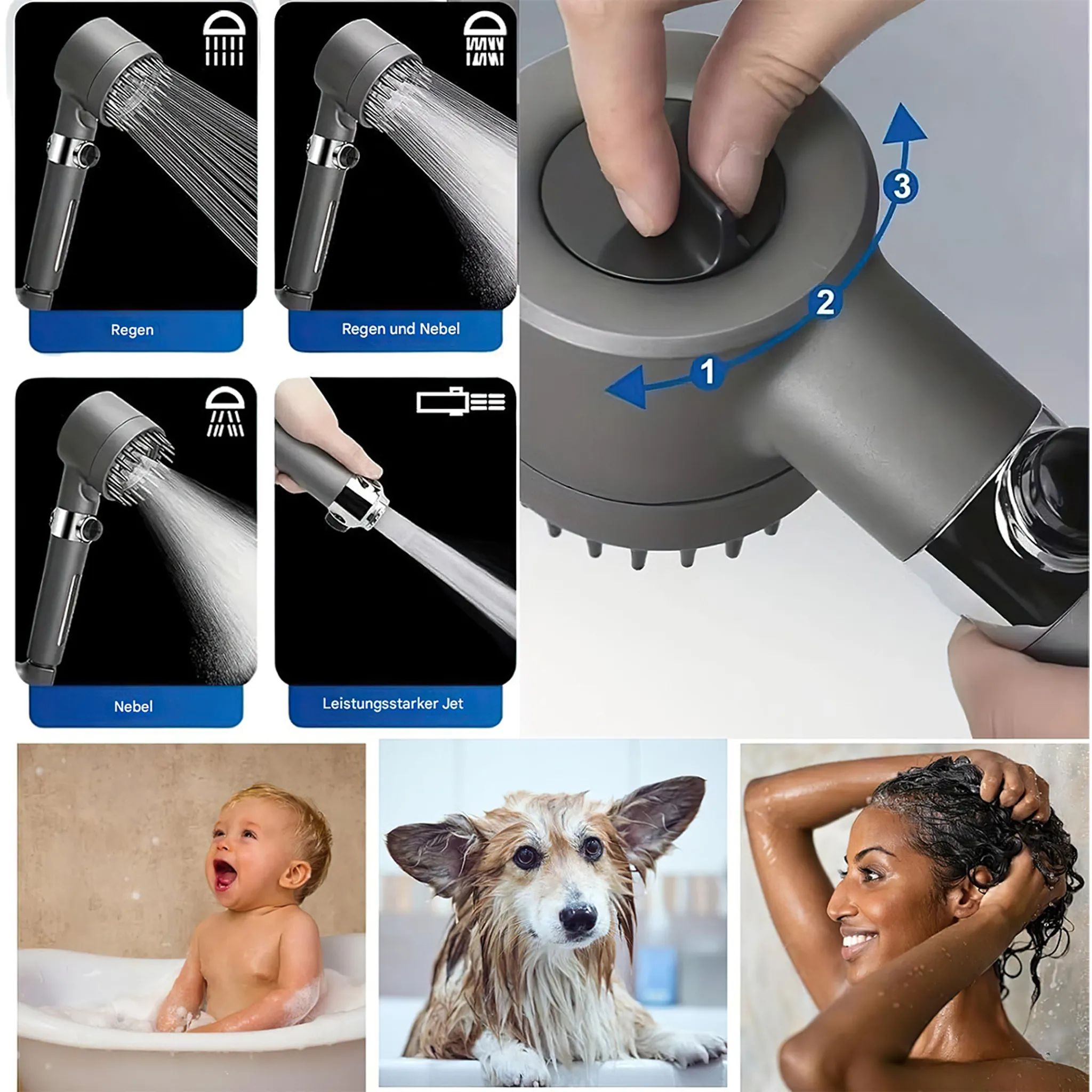Ein grauer Duschkopf mit verschiedenen Wasserstrahlarten, einer Bedienung, einem Baby, einem Hund und einer Frau.