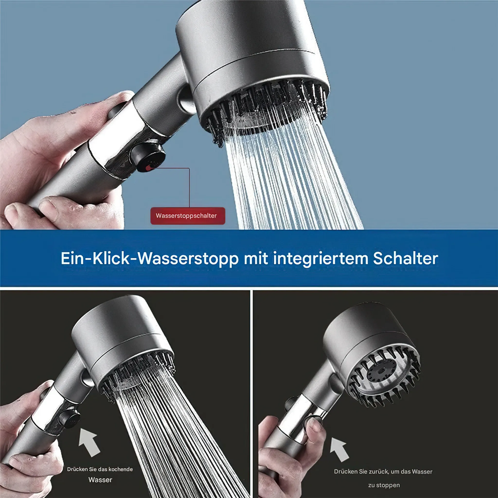 Handbrause mit Ein-Klick-Wasserstopp-Schalter und Sprühwasser.
