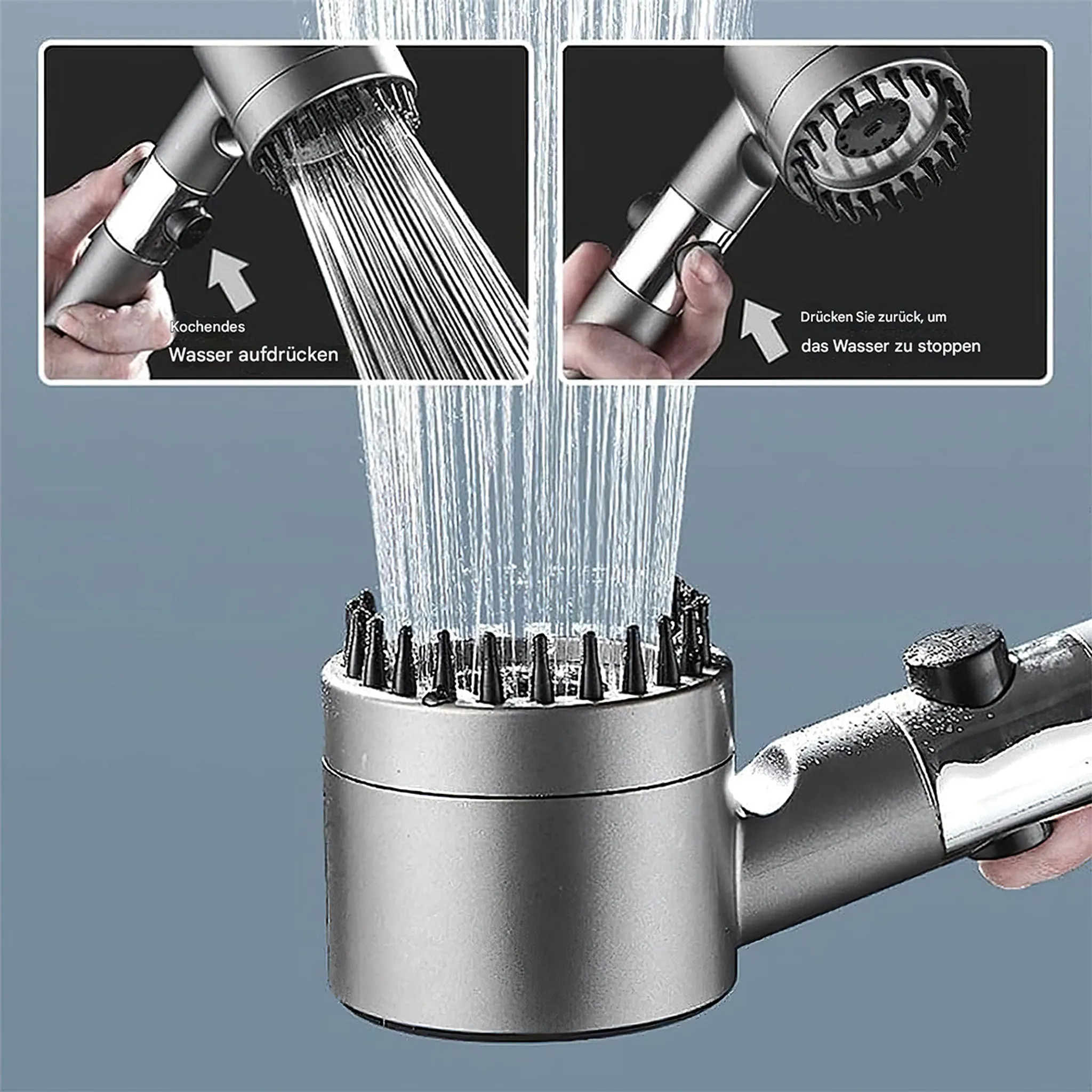 Silberner Duschkopf mit Wasseraustritt und integriertem Knopf zum Stoppen des Wassers.