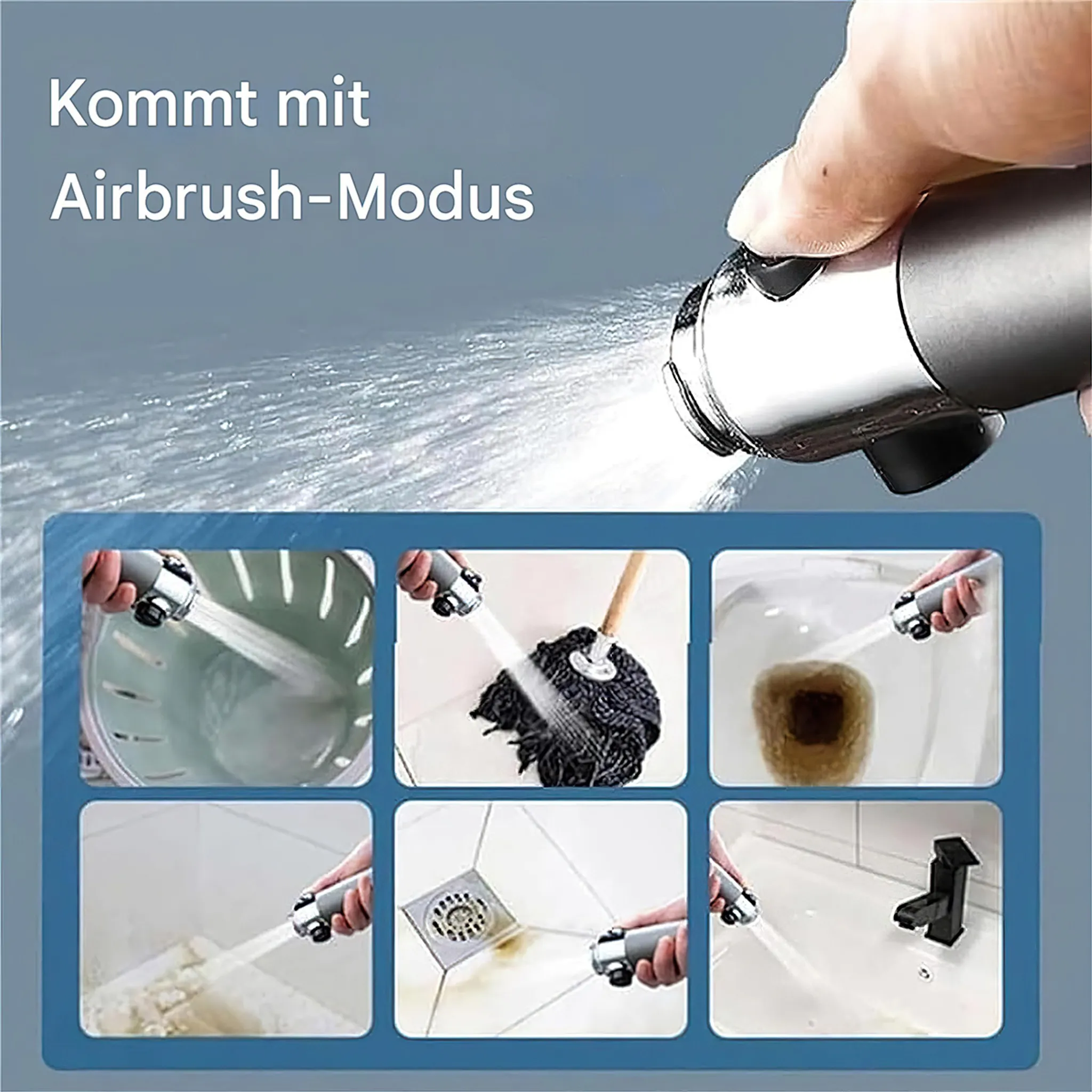 Hand hält einen Sprühkopf mit feinem Wasserstrahl, darunter sechs Bilder verschiedener Reinigungsanwendungen.