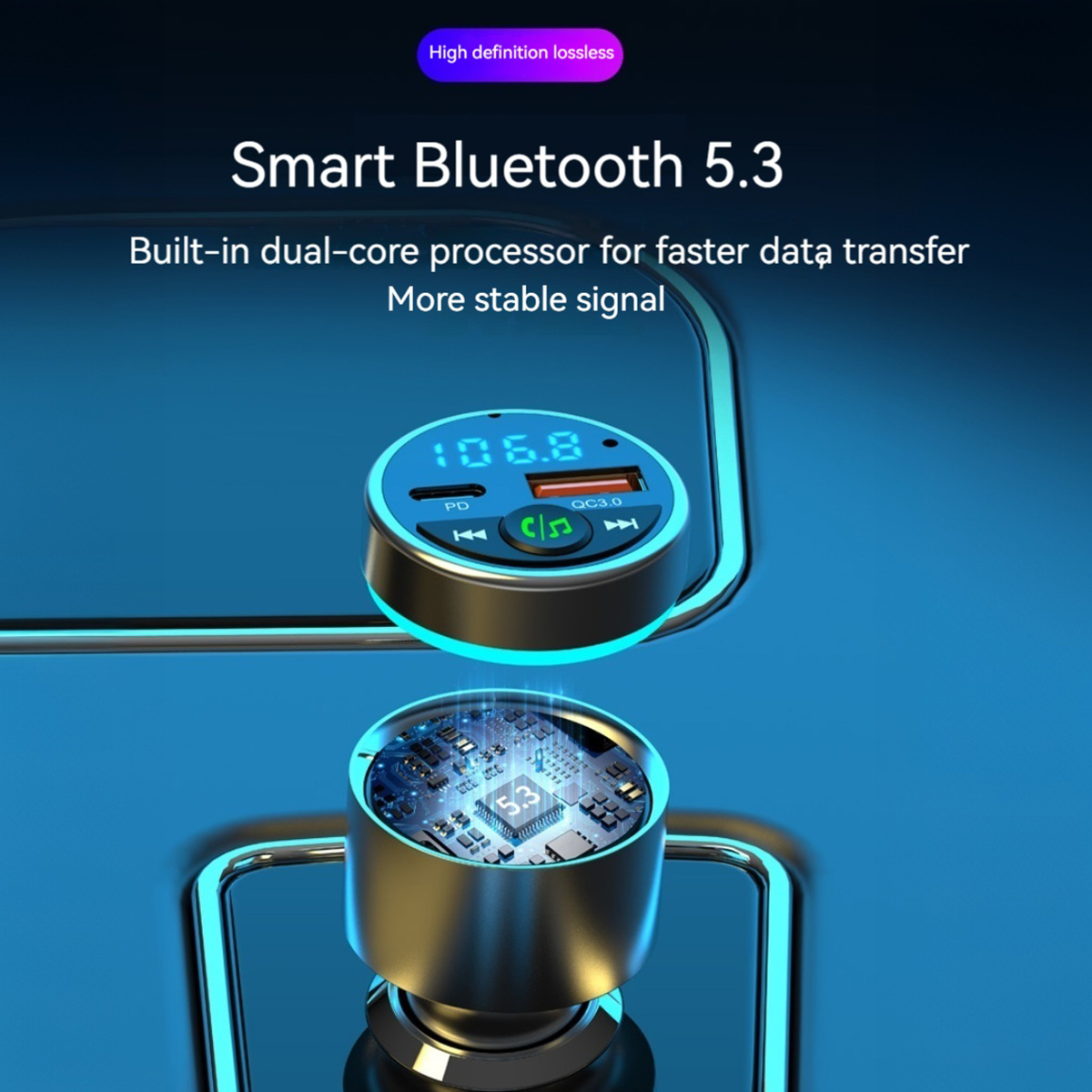 Smart Bluetooth 5.3 Auto-Ladegerät mit dualem Kern und LED-Anzeige.