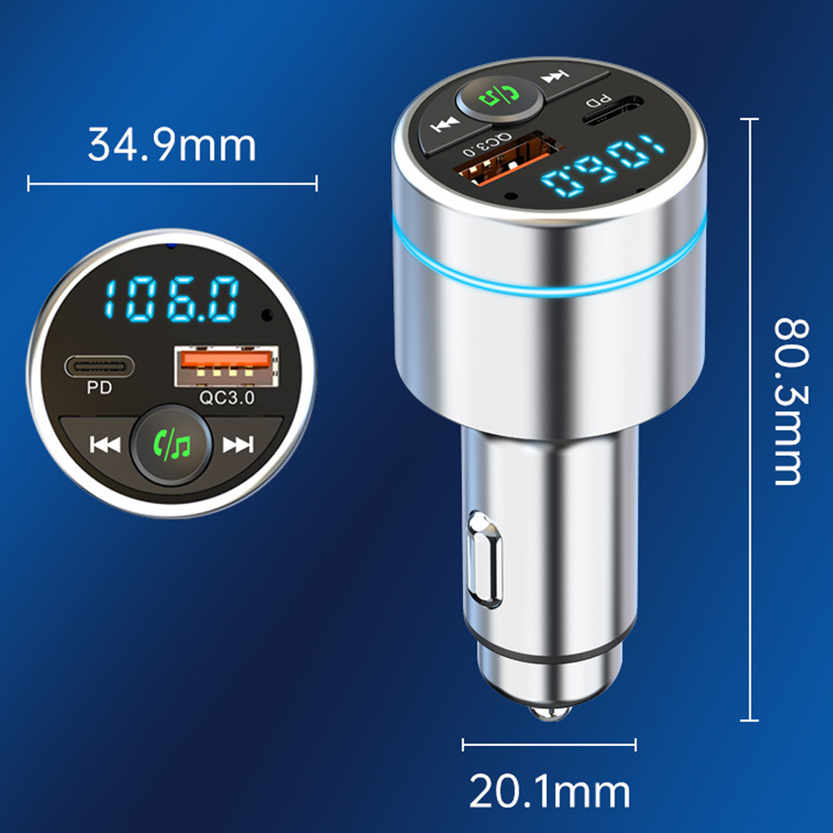 Silberner Auto-Bluetooth-FM-Transmitter mit USB-Anschlüssen, digitalem Display und Maßangaben.