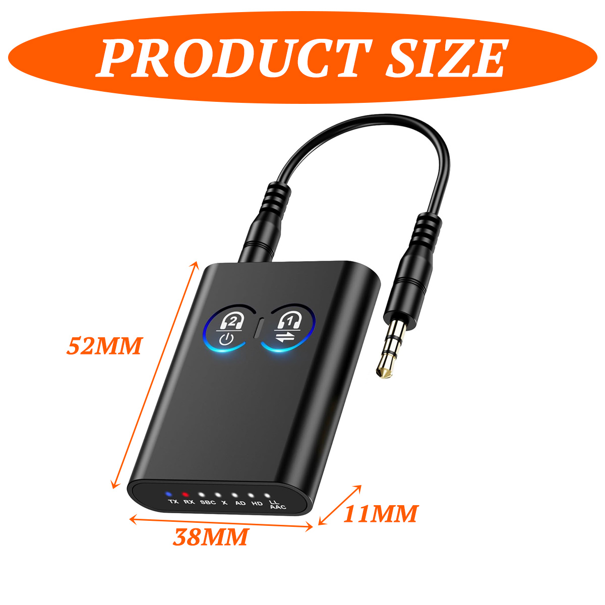 Schwarzer Bluetooth-Audio-Adapter mit Abmessungen von 52x38x11mm und integriertem Aux-Kabel.