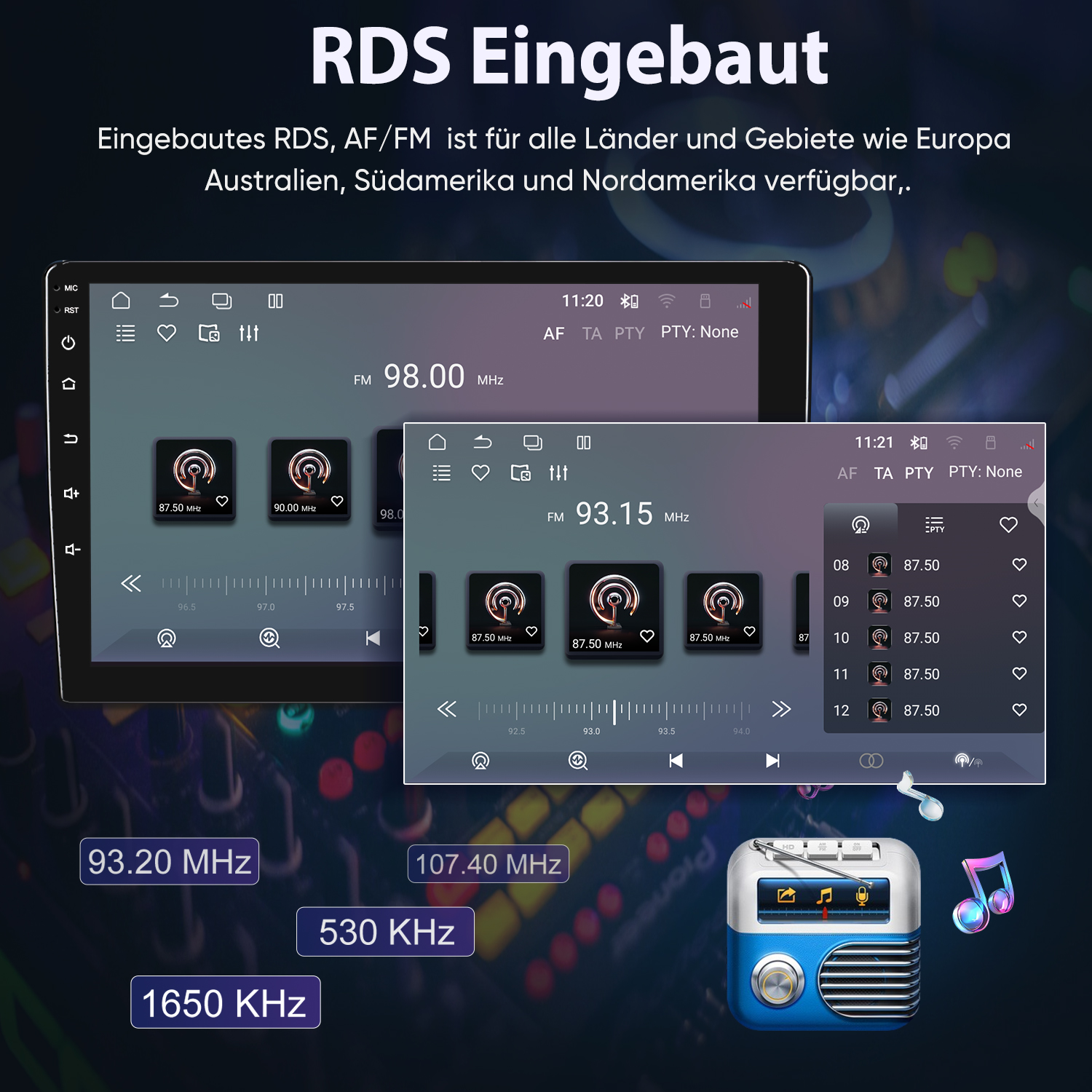 Ein Autoradio-Bildschirm mit FM-Radio-Schnittstelle und Frequenzen, umgeben von deutschem Text und Frequenzfeldern.