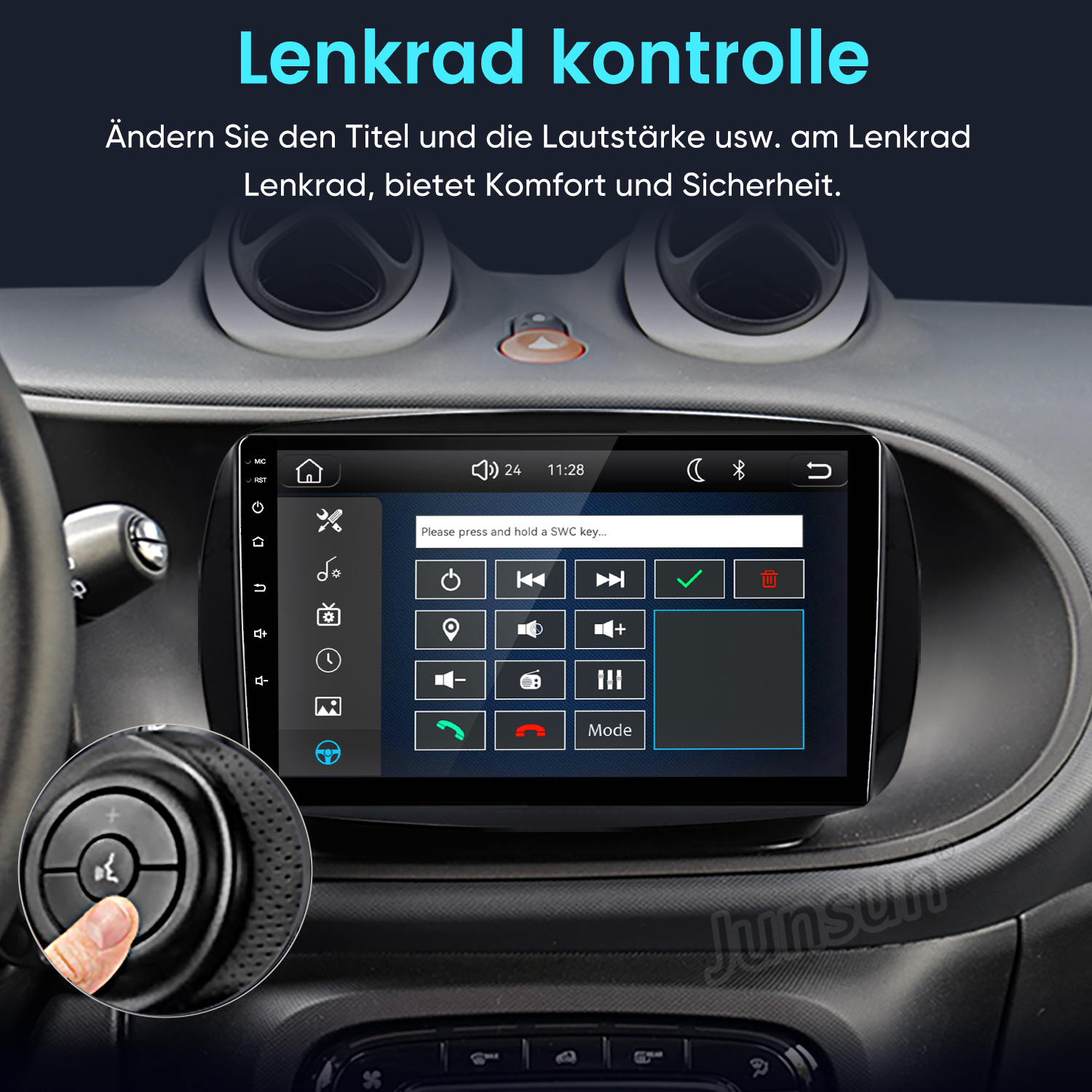 Ein Car-Display zeigt das Lenkrad-Steuerungsmenü mit Touch-Tasten, darunter eine Nahaufnahme des Lenkrads.