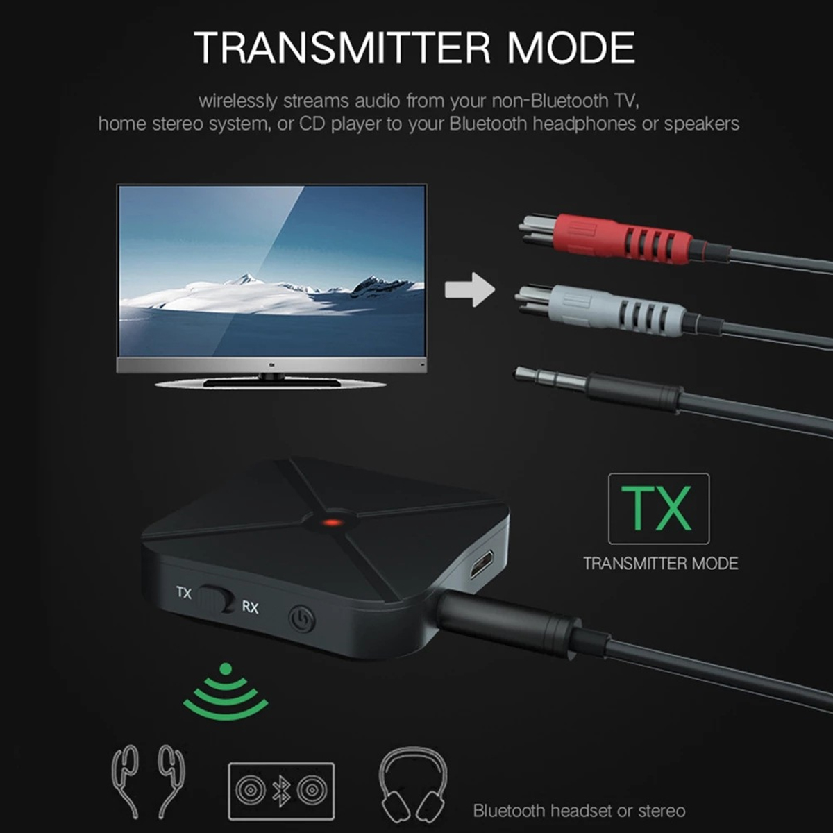 Transmitter-Modus: Sendet Audio von einem Fernseher zu Bluetooth-Kopfhörern.