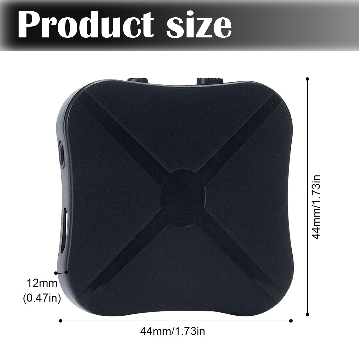 Schwarzes quadratisches Gerät mit Maßen: 44mm Breite, 44mm Höhe und 12mm Dicke.
