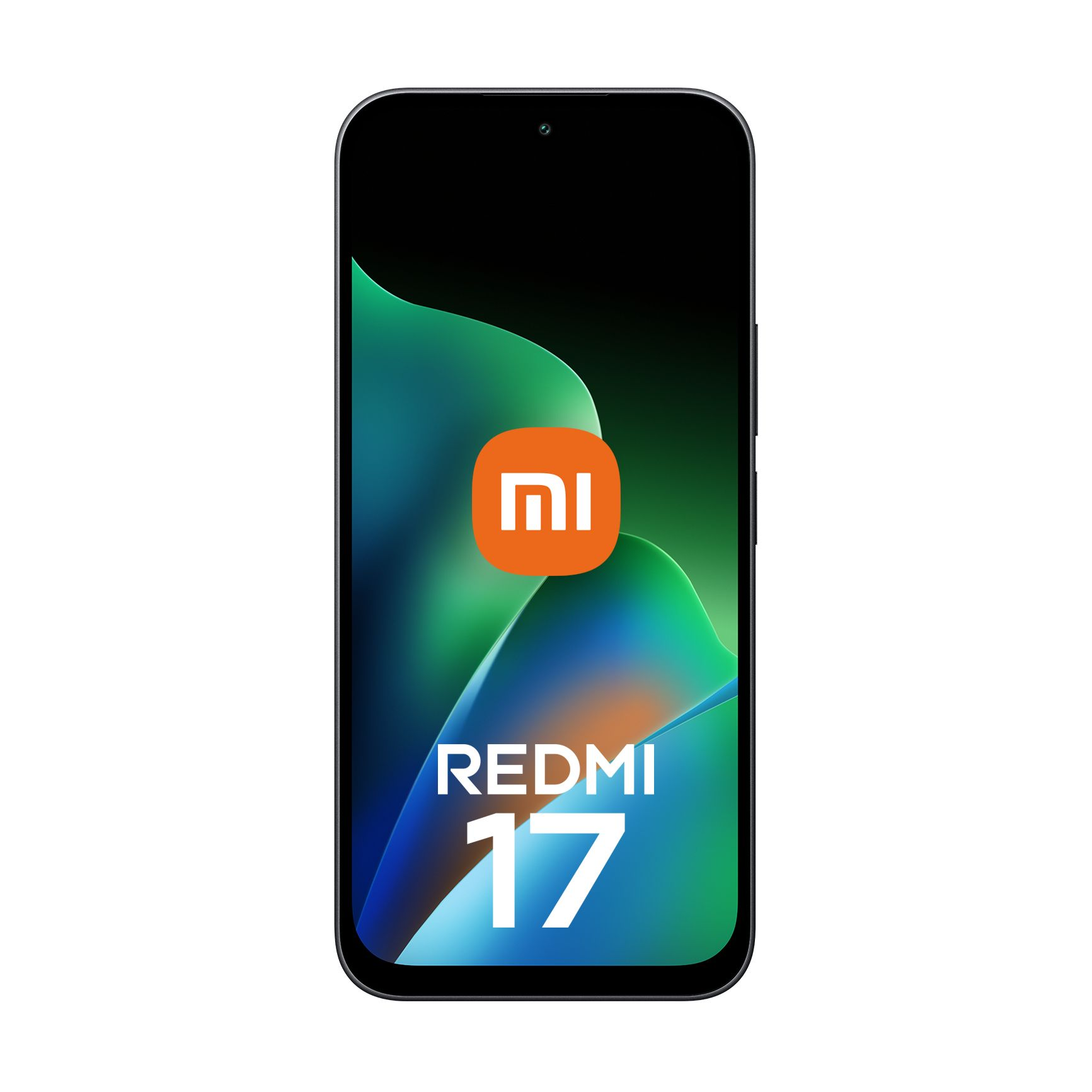Ein schwarzes Smartphone mit dem Redmi 17-Logo und einem orangefarbenen Xiaomi-App-Symbol auf einem bunten Hintergrund.
