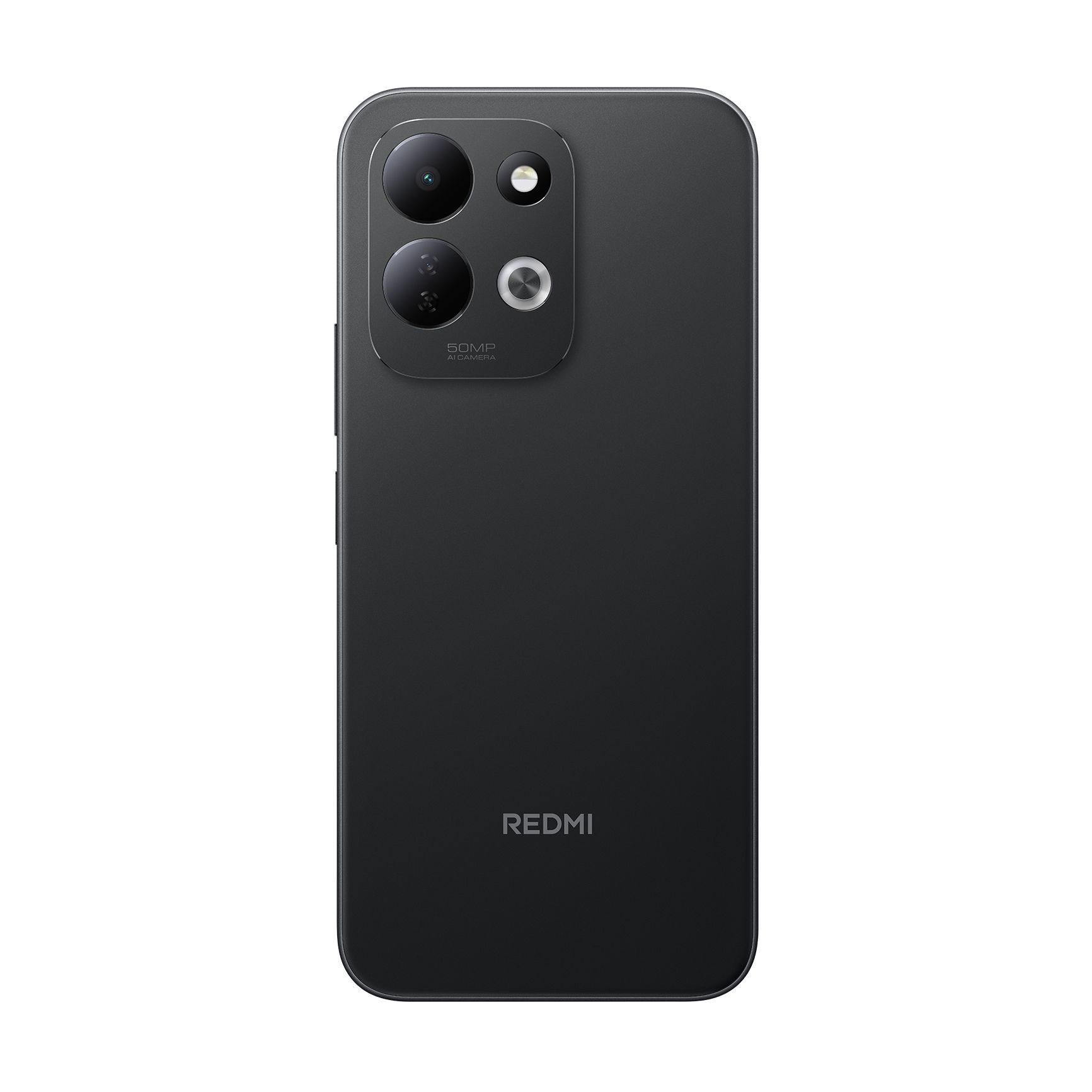 Rückseite eines schwarzen Redmi-Smartphones mit Doppel-Kamera und Redmi-Logo.
