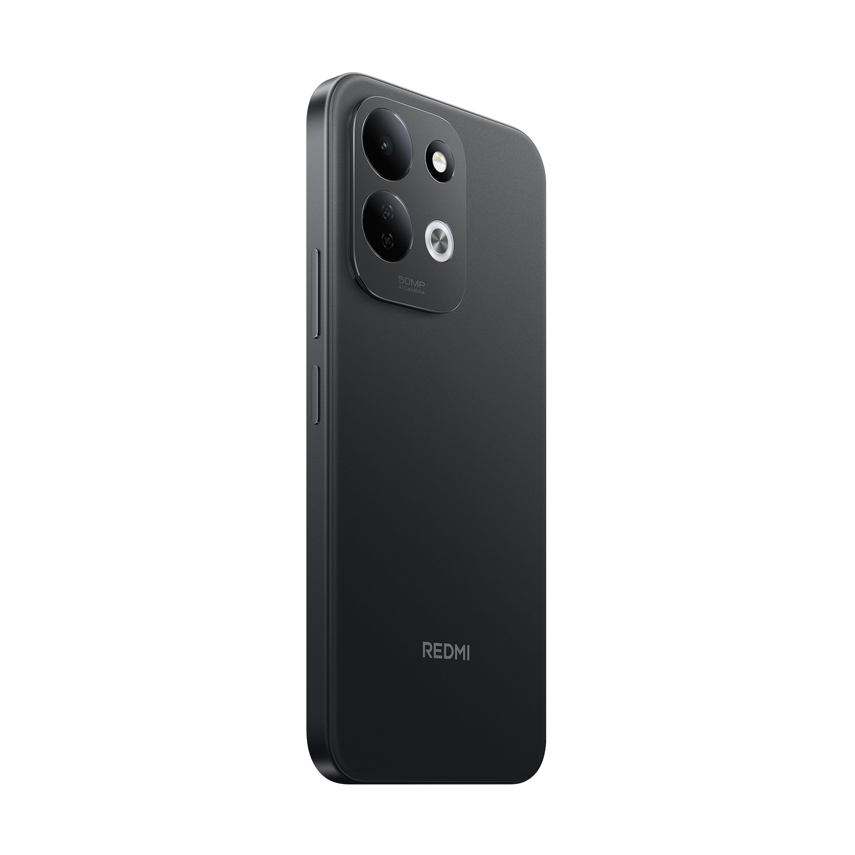 Rückseite eines schwarzen Redmi-Smartphones mit zwei Kameraobjektiven und einem Blitzlicht oben links.