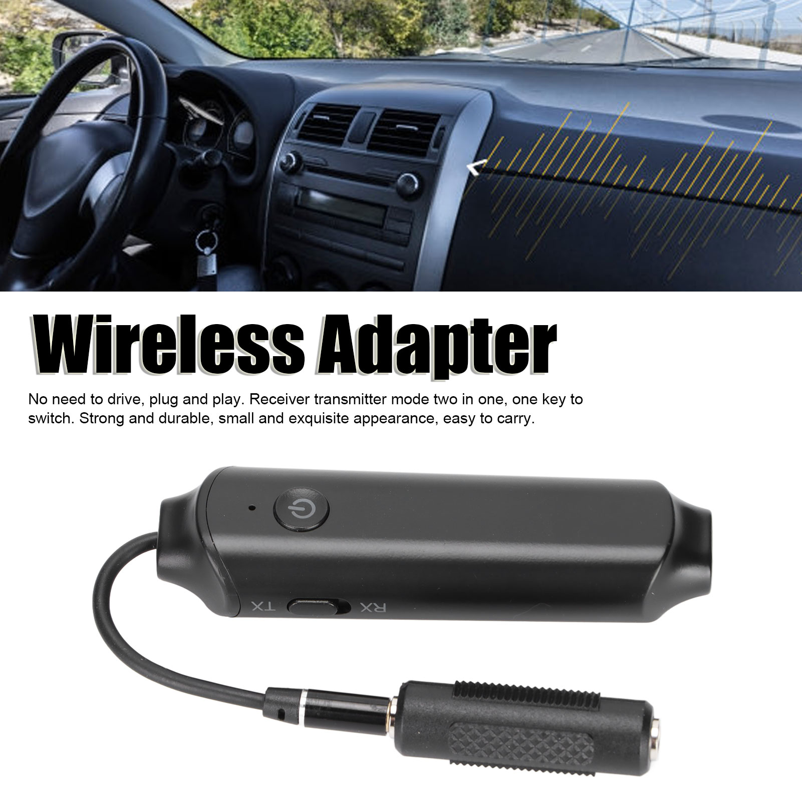 Ein schwarzer kabelloser Audioadapter mit AUX-Kabel und Steuerungstasten, ideal für den Einsatz im Auto.