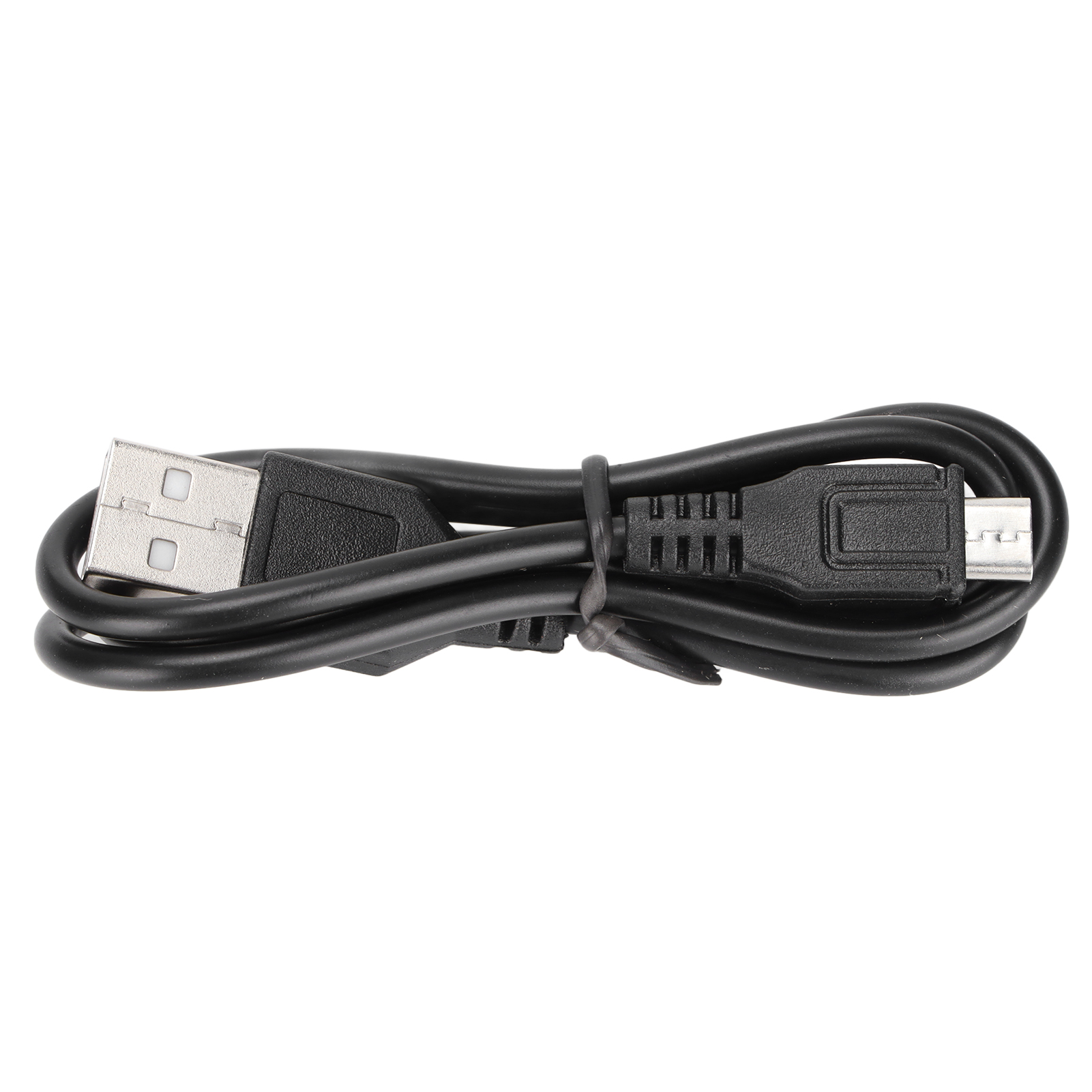 Ein gerolltes schwarzes USB-Kabel mit einem Standard-USB-A-Stecker links und einem Micro-USB-Stecker rechts auf weißem Hintergrund.