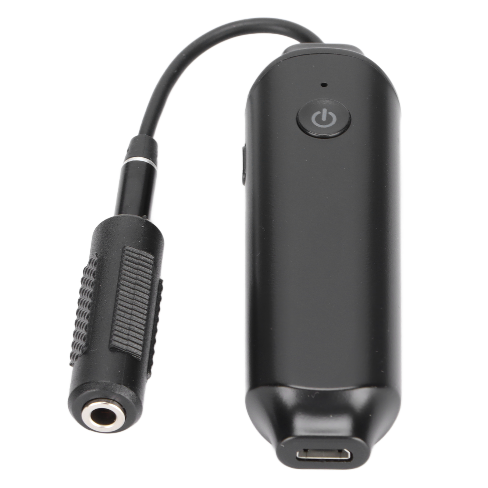 Schwarzer Bluetooth-Audio-Empfänger mit einem 3,5-mm-Klinkenanschluss und USB-C-Ladeanschluss.