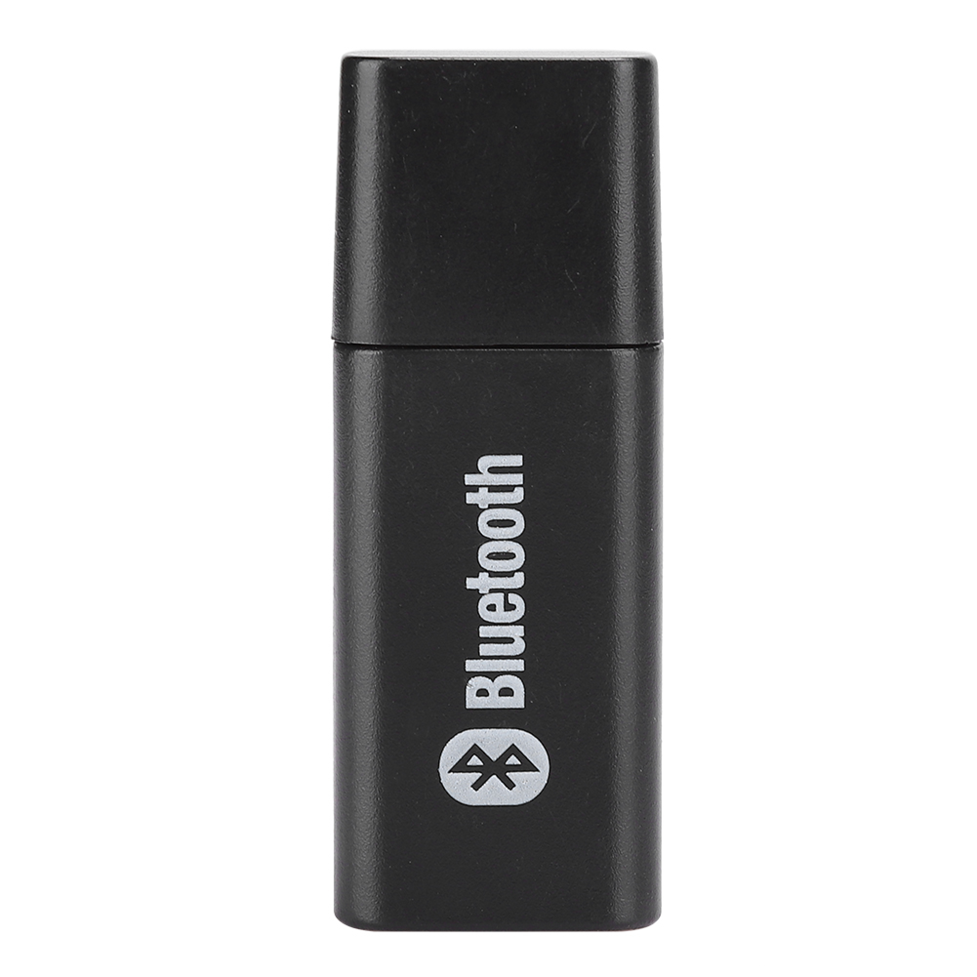 Ein schwarzer USB-Bluetooth-Adapter mit weißem Text und Logo vor weißem Hintergrund.